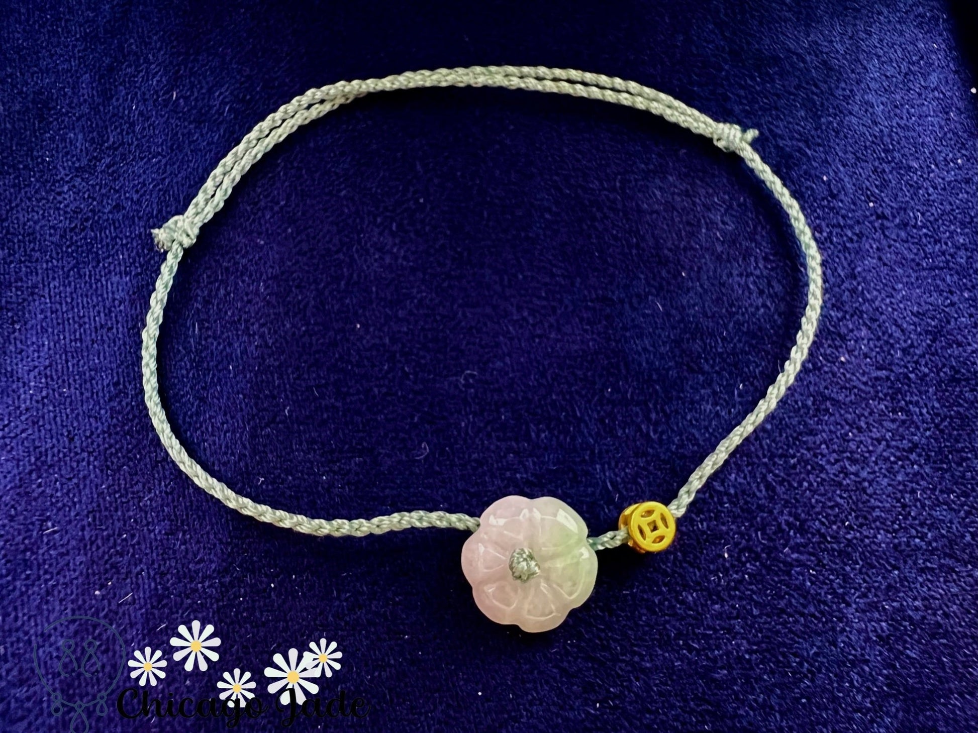 FB0021 Jadeite Flower on Light Green with Classical coin shaped charm Braided Bracelet - Chicago JadebraceletflowerropeChicago Jade