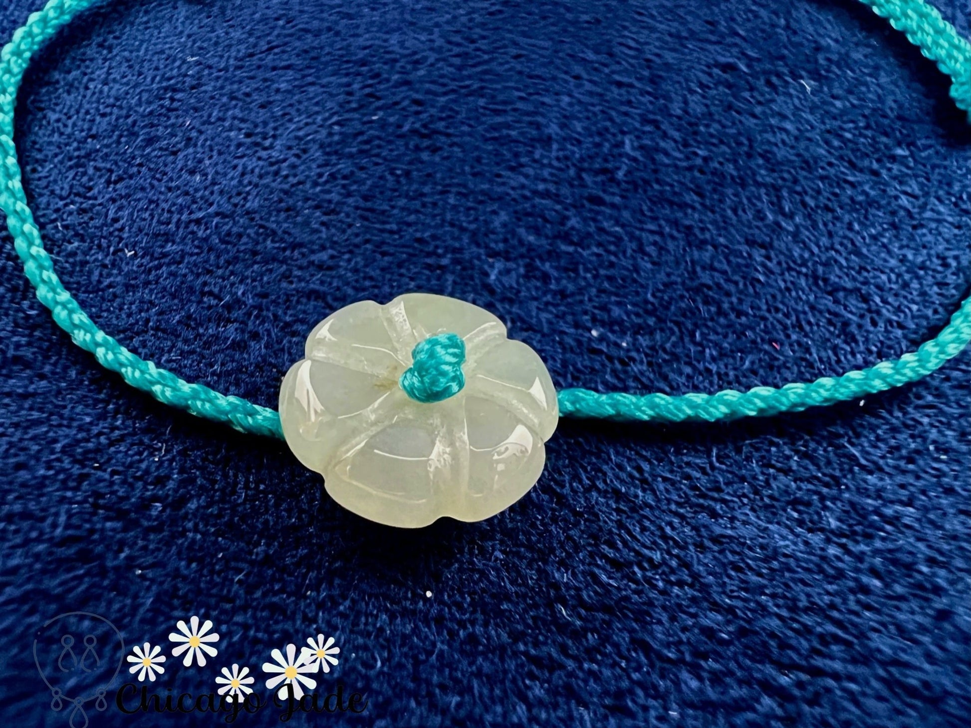 FB0024 Jadeite Flower on Teal Blue Braided Bracelet - Chicago JadebraceletflowerropeChicago Jade