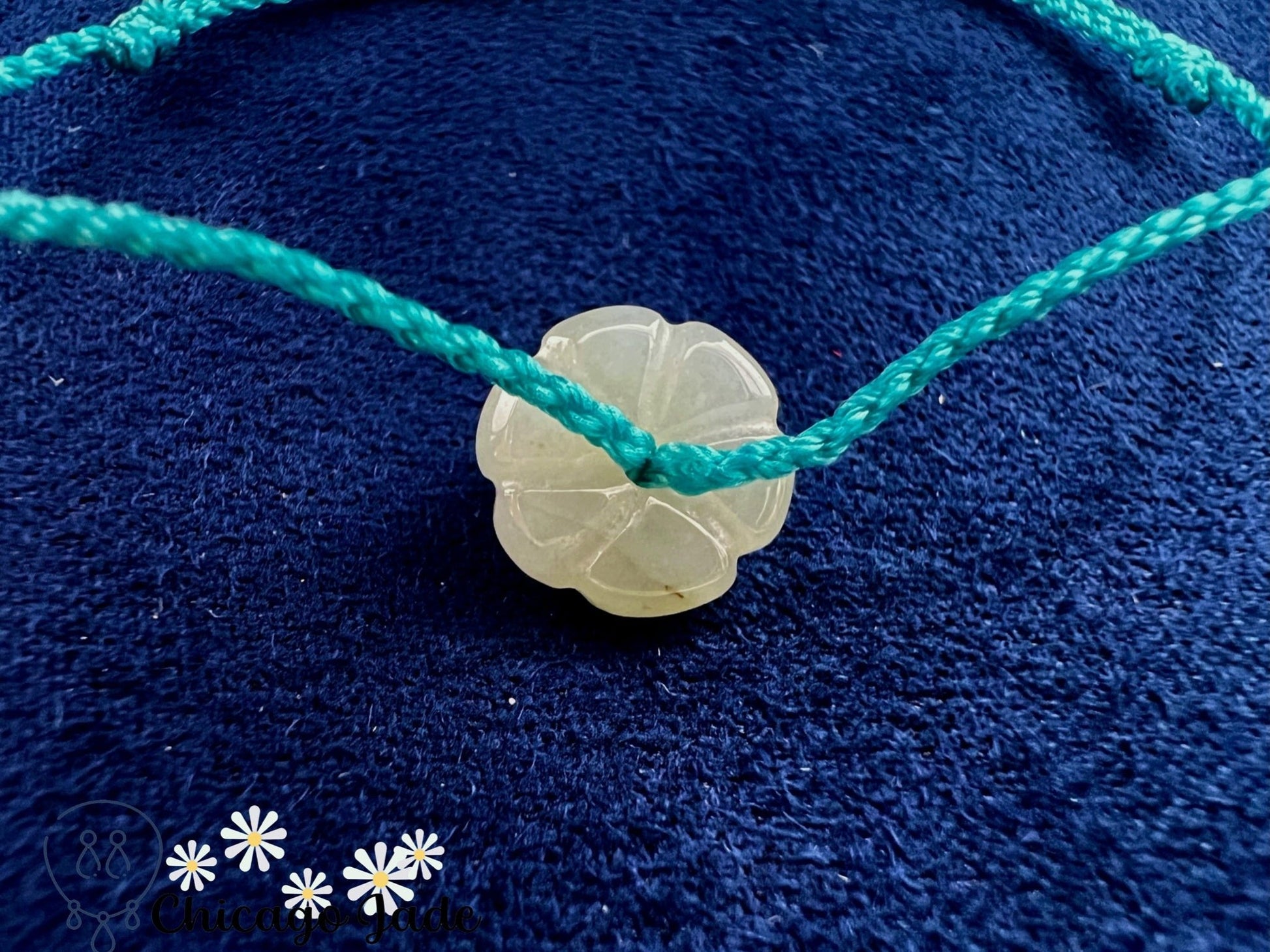 FB0024 Jadeite Flower on Teal Blue Braided Bracelet - Chicago JadebraceletflowerropeChicago Jade