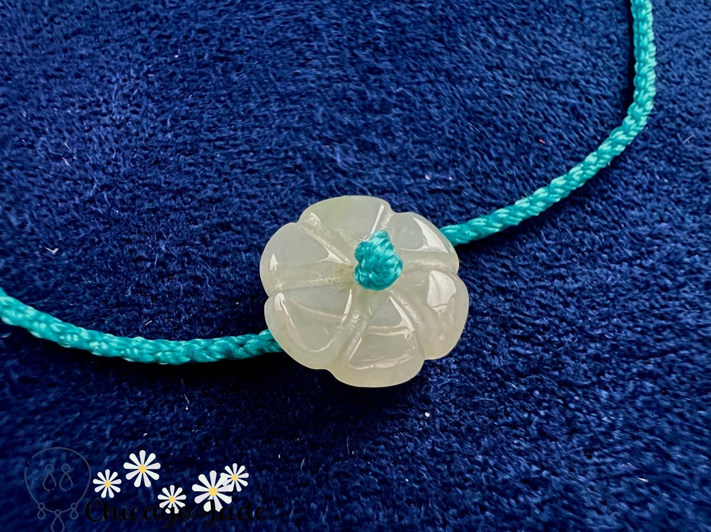 FB0024 Jadeite Flower on Teal Blue Braided Bracelet - Chicago JadebraceletflowerropeChicago Jade