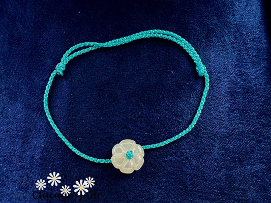 FB0024 Jadeite Flower on Teal Blue Braided Bracelet - Chicago JadebraceletflowerropeChicago Jade