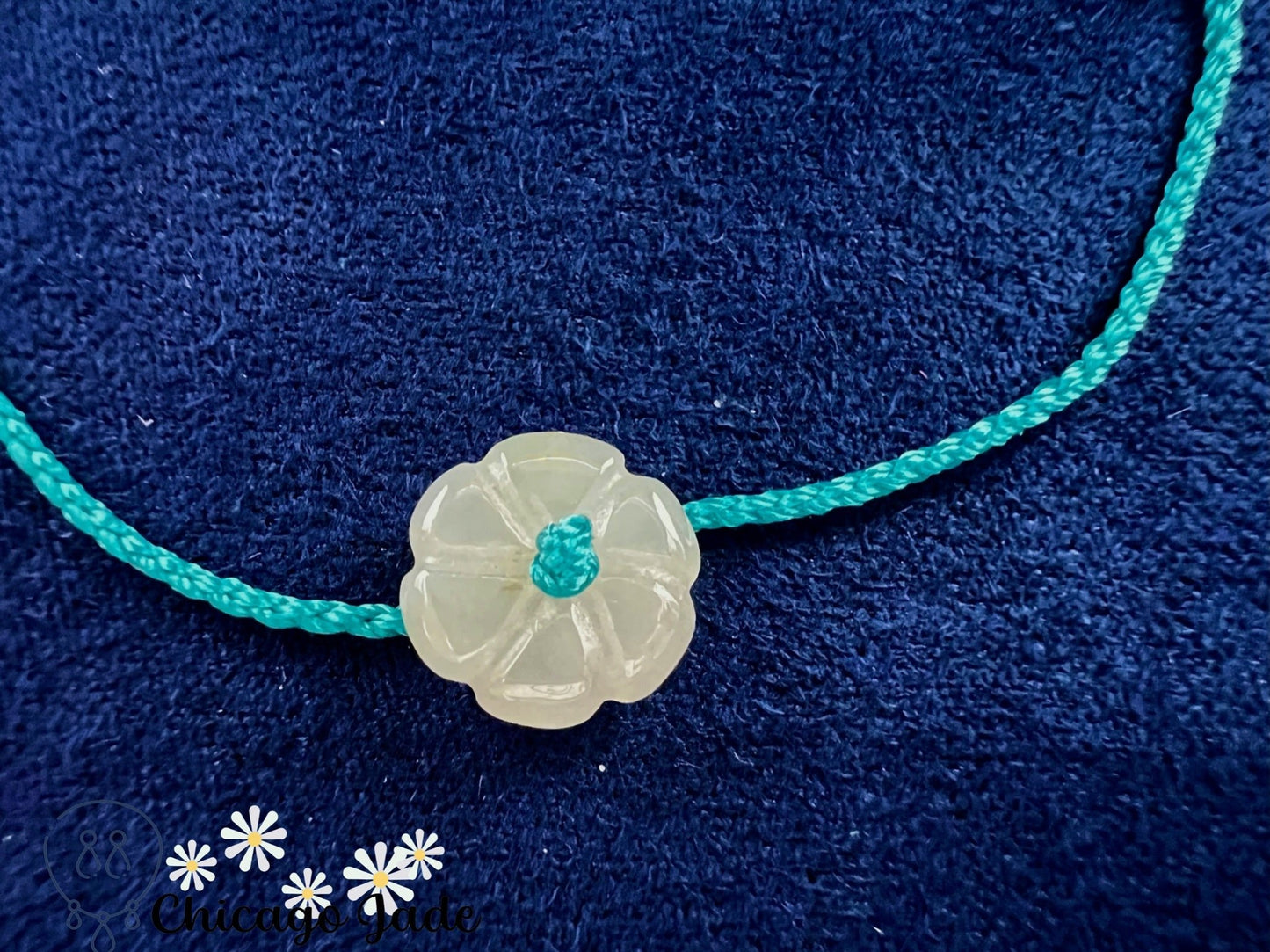 FB0024 Jadeite Flower on Teal Blue Braided Bracelet - Chicago JadebraceletflowerropeChicago Jade