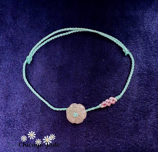 FB0025 Jadeite Flower on Light Teal Blue Braided Bracelet - Chicago JadebraceletflowerropeChicago Jade