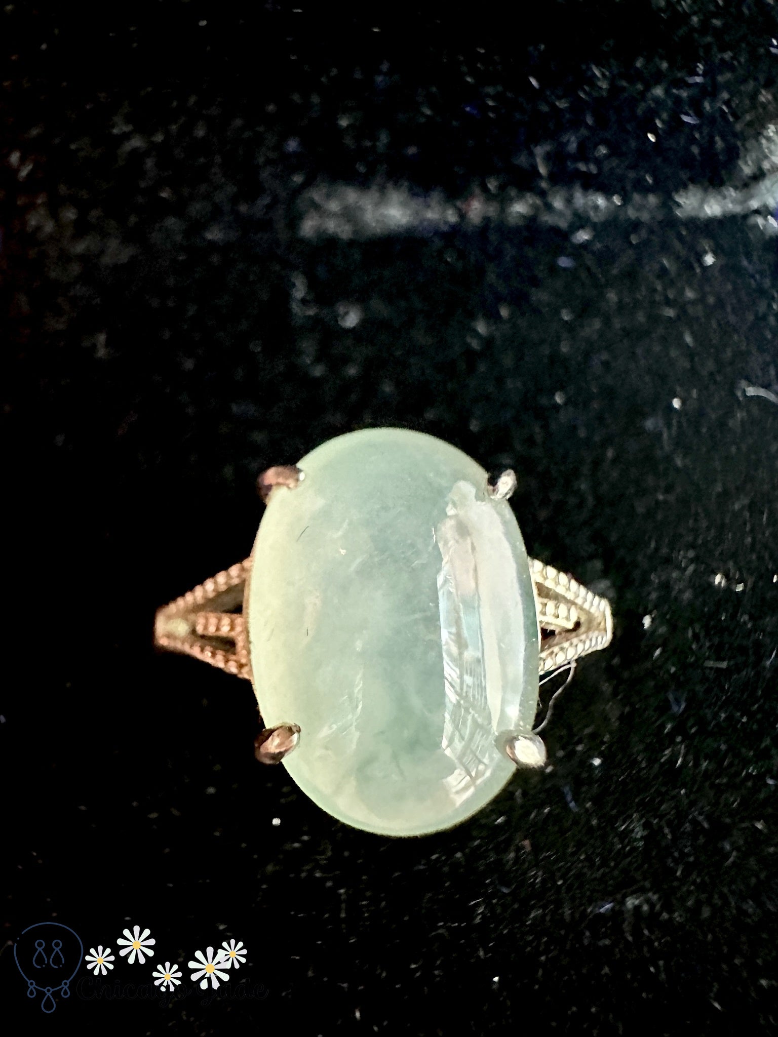 Floral green jadeite sterling silver ring with zircon - Chicago JaderingsilverChicago Jade