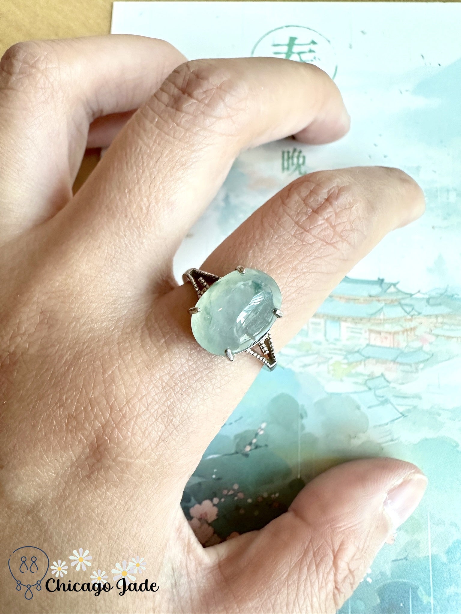 Floral green jadeite sterling silver ring with zircon - Chicago JaderingsilverChicago Jade