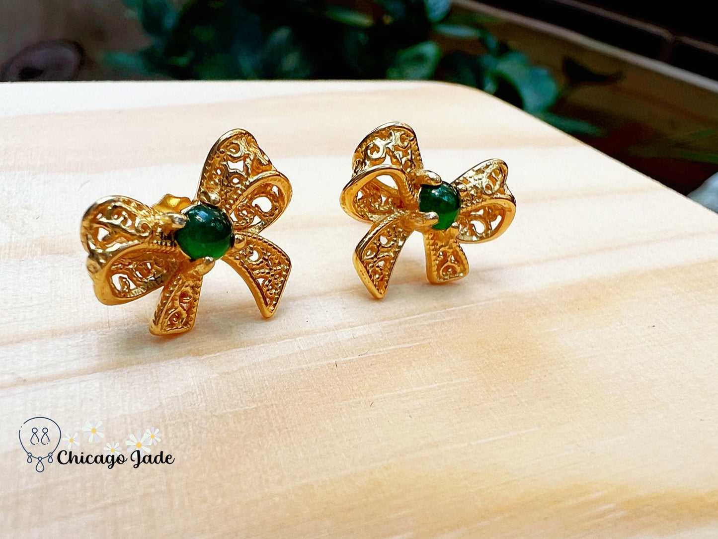 JE0001 Bowtie Zircon Sterling Silver S925 Jadeite Earring Studs银镶危料 - Chicago JadeearringsilverChicago Jade