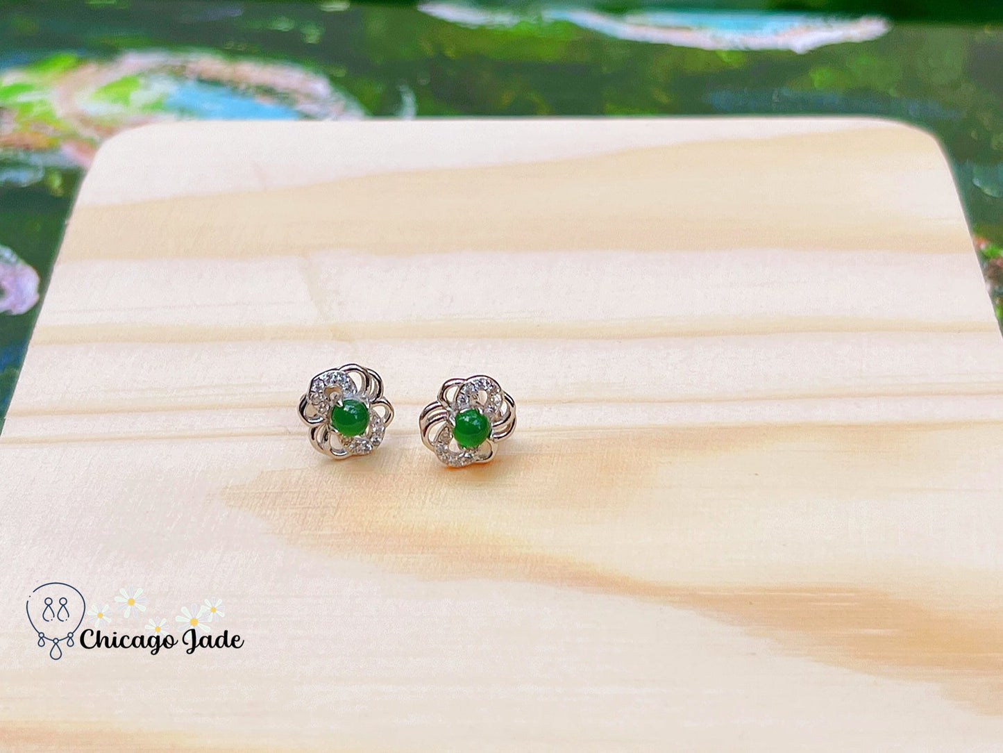 JE0002 Floral Jadeite Sterling Silver S925 Earring Stud with Zircon银镶危料 - Chicago JadeearringsilverChicago Jade