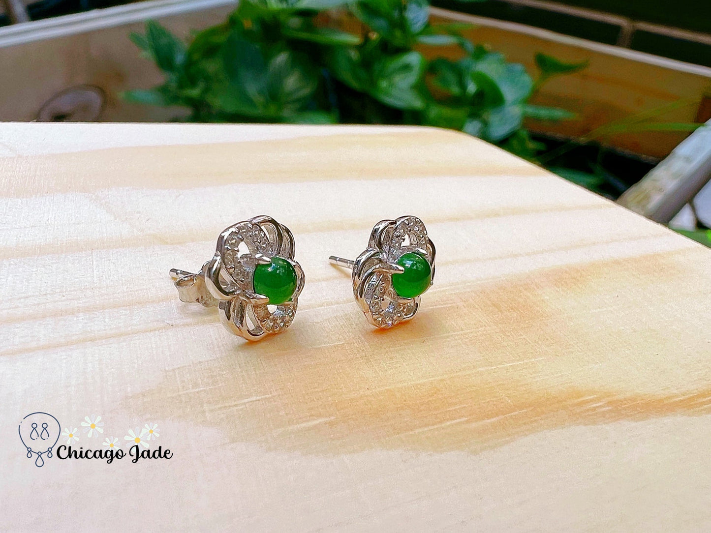 JE0002 Floral Jadeite Sterling Silver S925 Earring Stud with Zircon银镶危料 - Chicago JadeearringsilverChicago Jade