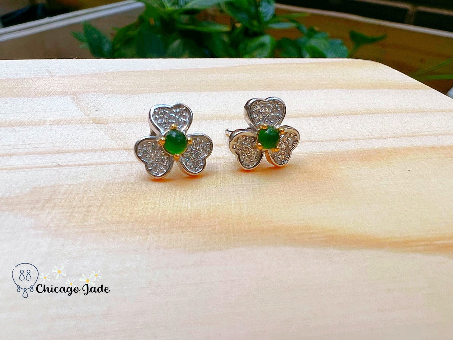 JE0006 Jadeite Sterling Silver S925 Clover Earring Studs with Zircon 银镶危料 - Chicago JadeearringsilverChicago Jade