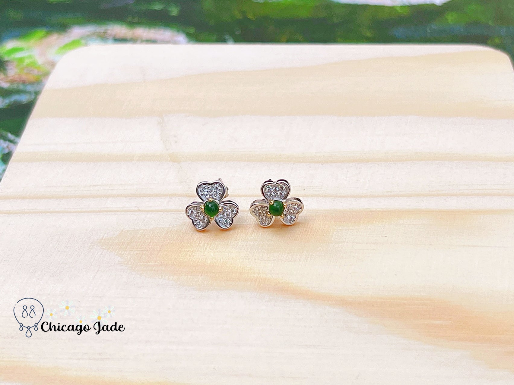 JE0006 Jadeite Sterling Silver S925 Clover Earring Studs with Zircon 银镶危料 - Chicago JadeearringsilverChicago Jade