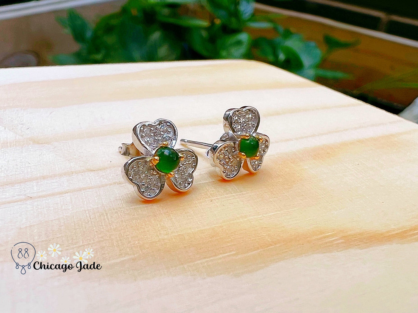 JE0006 Jadeite Sterling Silver S925 Clover Earring Studs with Zircon 银镶危料 - Chicago JadeearringsilverChicago Jade