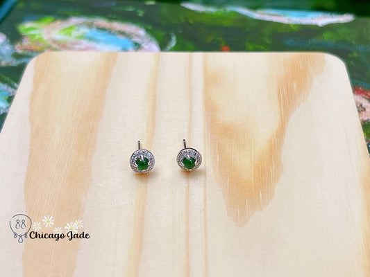 JE0007 Jadeite Sterling Silver S925 Earring Stud with Zircon Halo 银镶危料 - Chicago JadeearringsilverChicago Jade