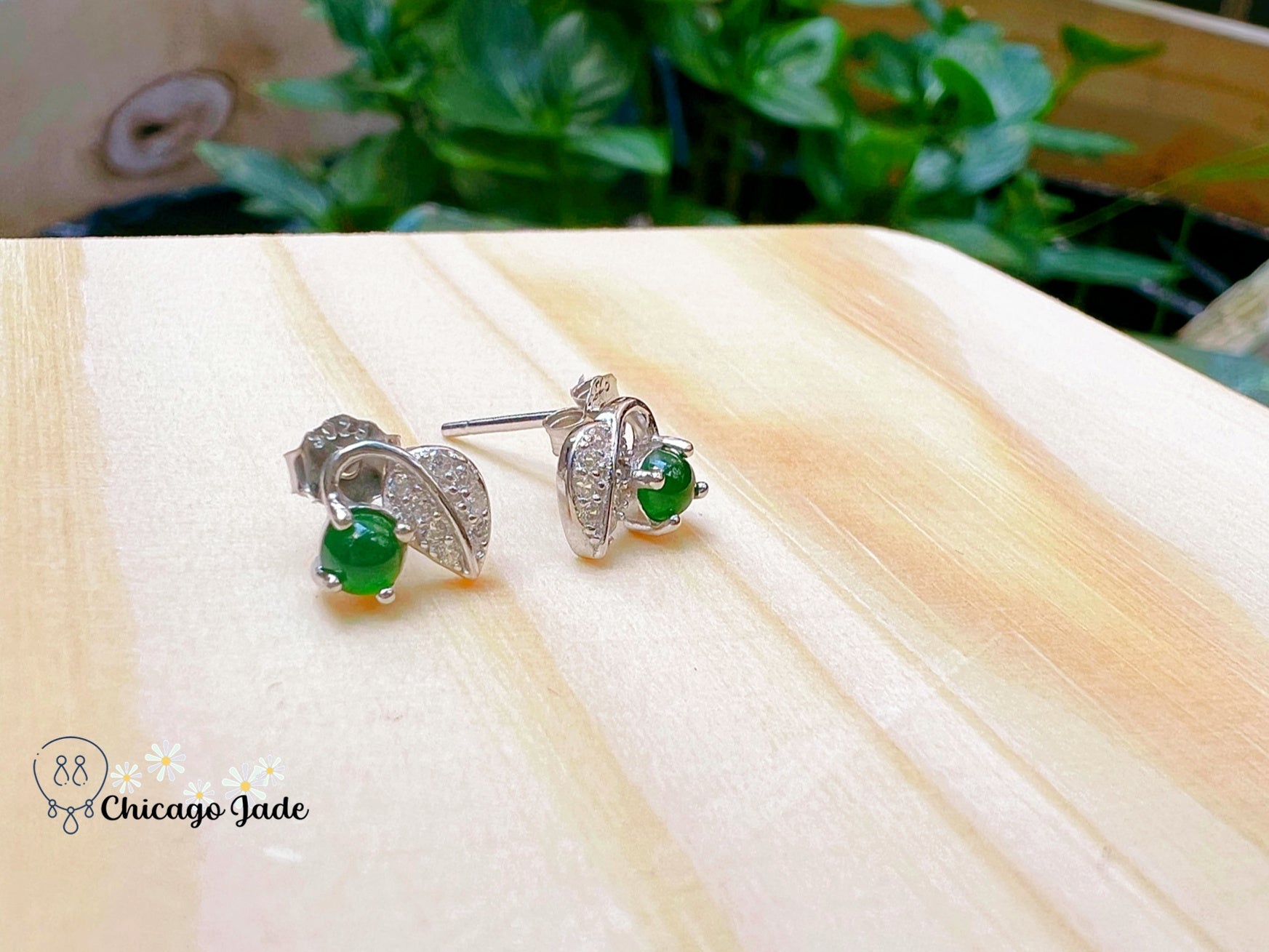 JE0008 Jadeite Sterling Silver S925 Earring Stud with Zircon Leaf 银镶危料 - Chicago JadeearringsilverChicago Jade