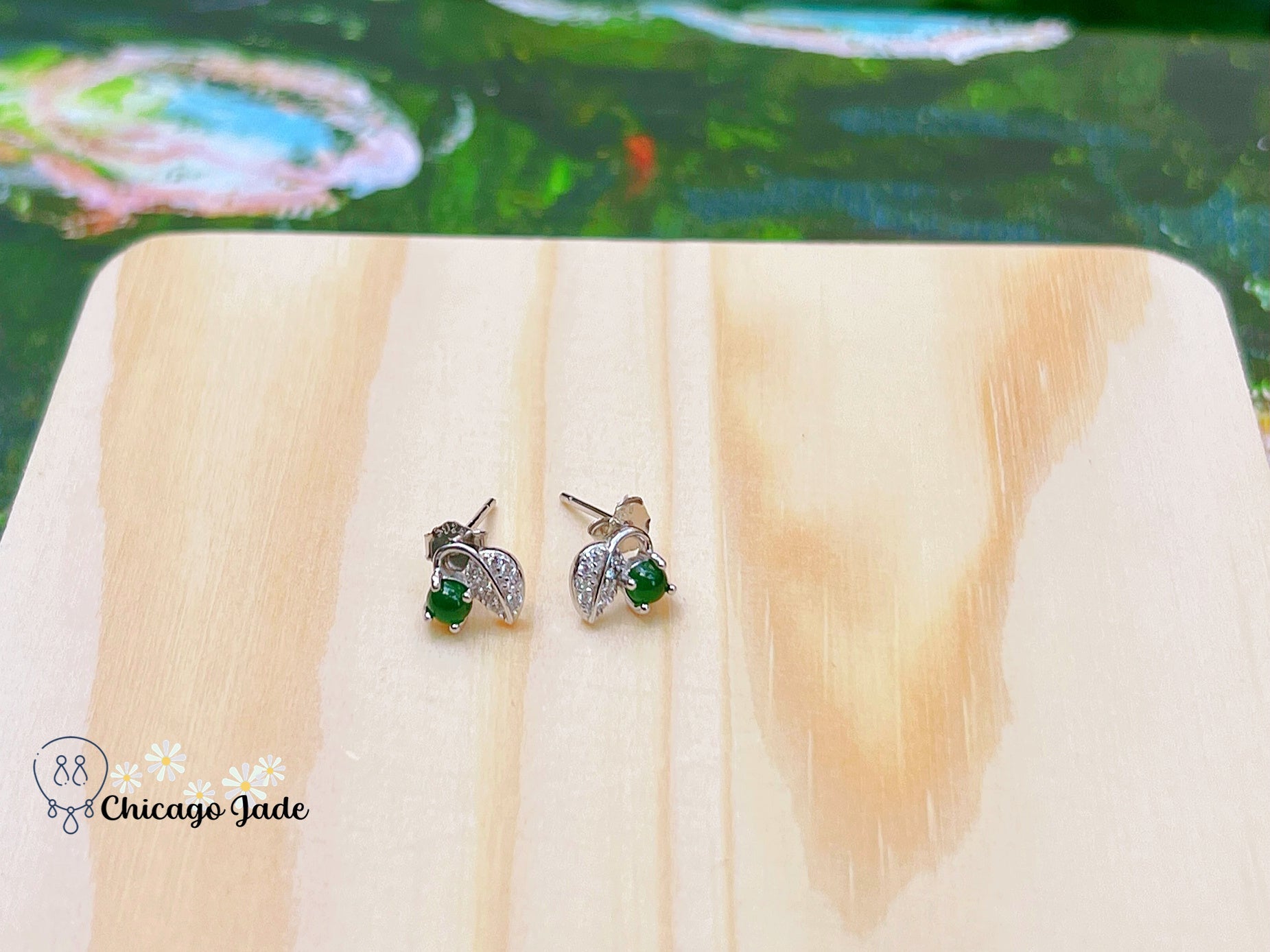 JE0008 Jadeite Sterling Silver S925 Earring Stud with Zircon Leaf 银镶危料 - Chicago JadeearringsilverChicago Jade