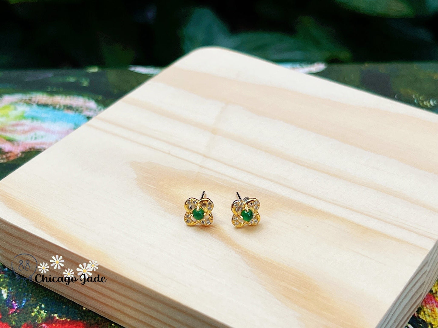 JE0010 Jadeite Sterling Silver S925 Zircon Clover Earring Studs Gold Plated 银镶危料 - Chicago JadeearringsilverChicago Jade