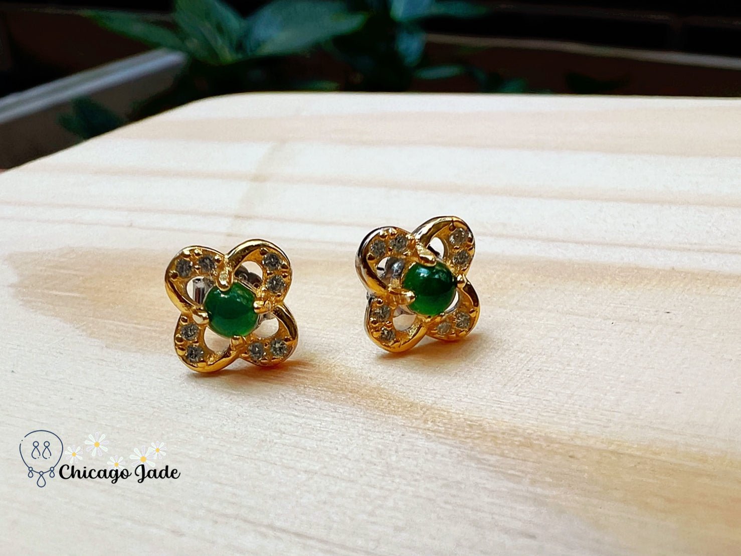 JE0010 Jadeite Sterling Silver S925 Zircon Clover Earring Studs Gold Plated 银镶危料 - Chicago JadeearringsilverChicago Jade