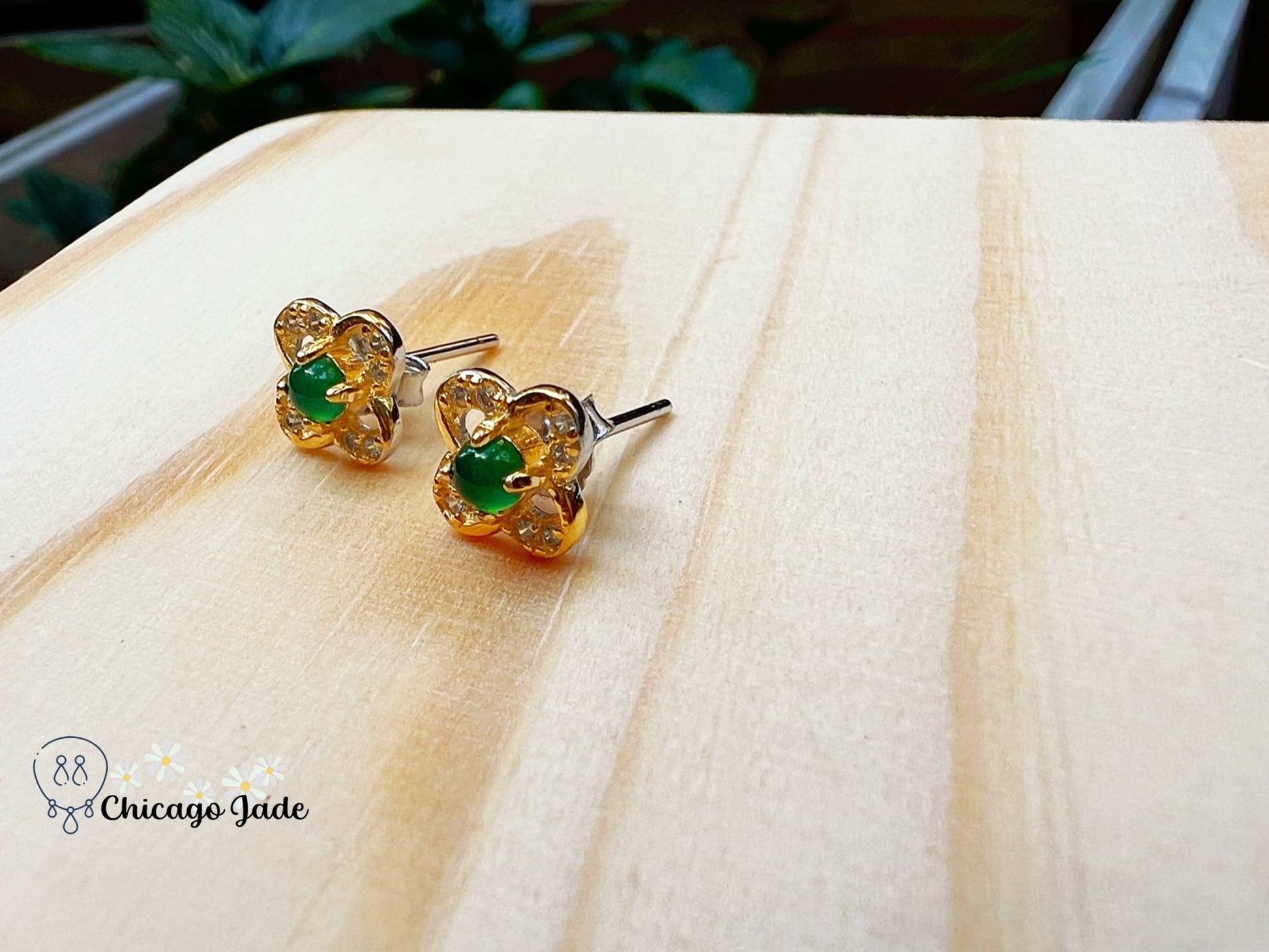 JE0010 Jadeite Sterling Silver S925 Zircon Clover Earring Studs Gold Plated 银镶危料 - Chicago JadeearringsilverChicago Jade