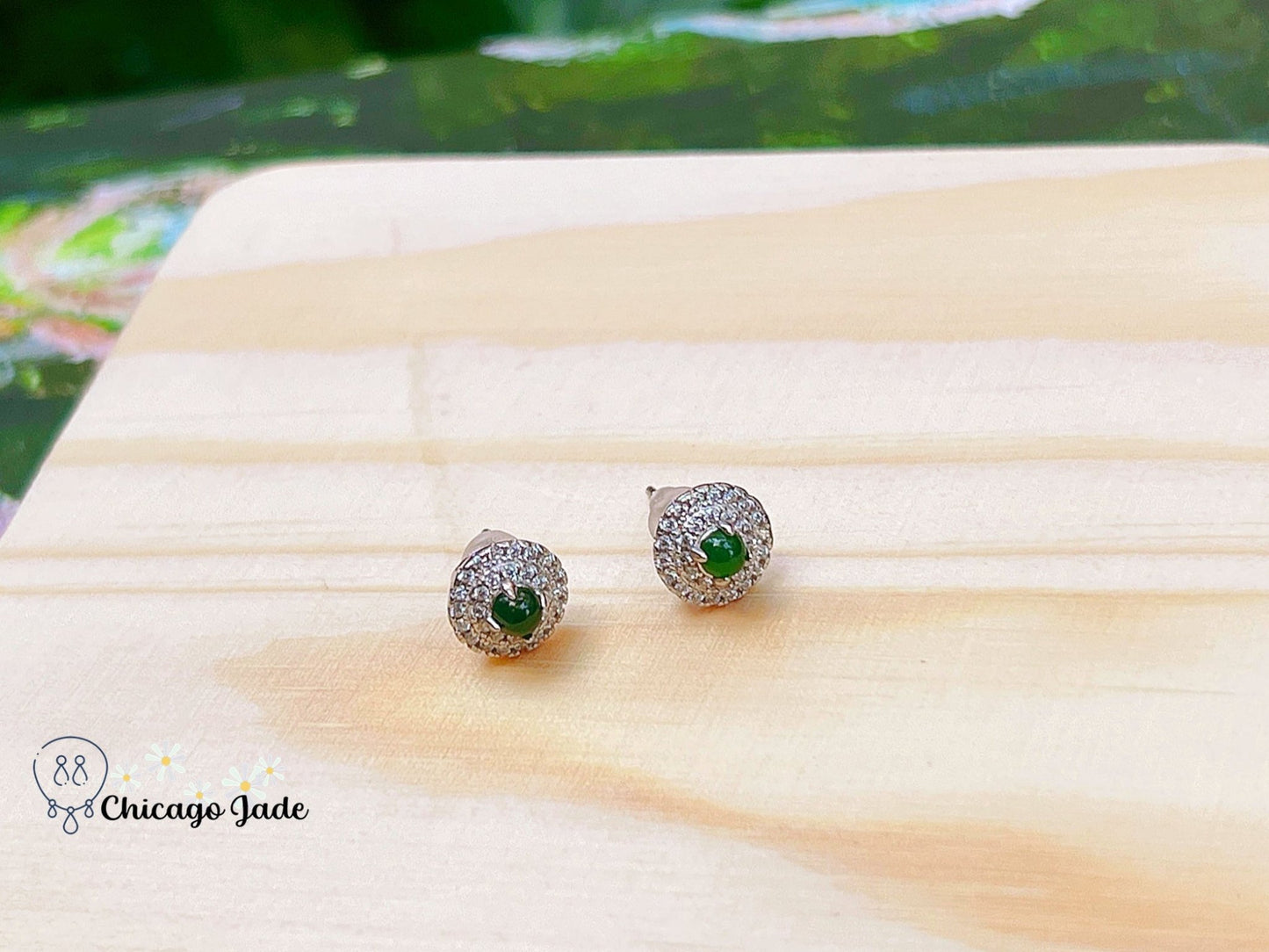 JE0012 Layered Zircon Halos Surrounding Sterling Silver S925 Jadeite Earring Stud 银镶危料 - Chicago JadeearringsilverChicago Jade