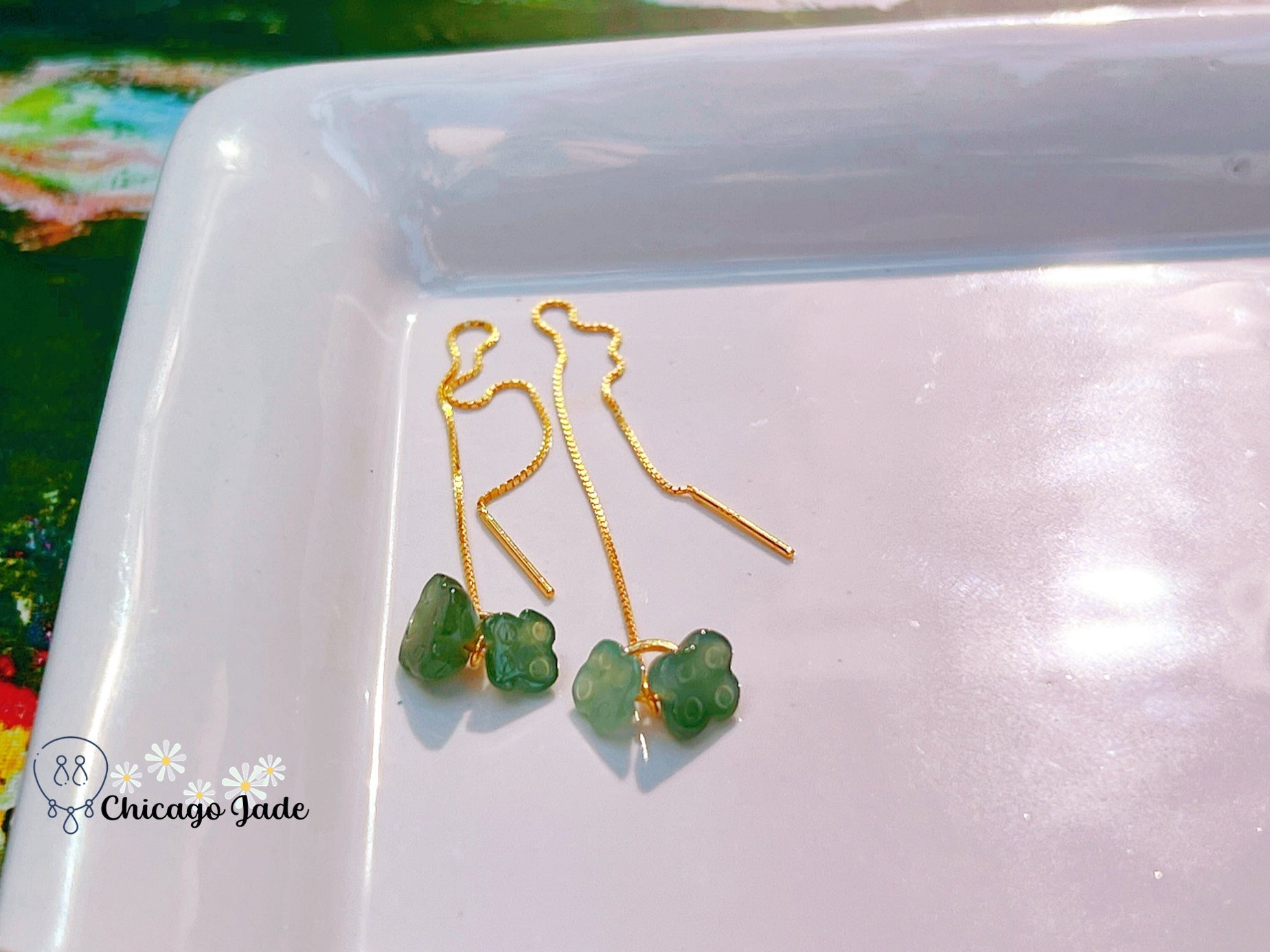 JE0014 Lotus Jadeite and Sterling Silver S925 Gold Plated Threader Chain Earring 银镶缅料 - Chicago JadeearringlotussilverChicago Jade