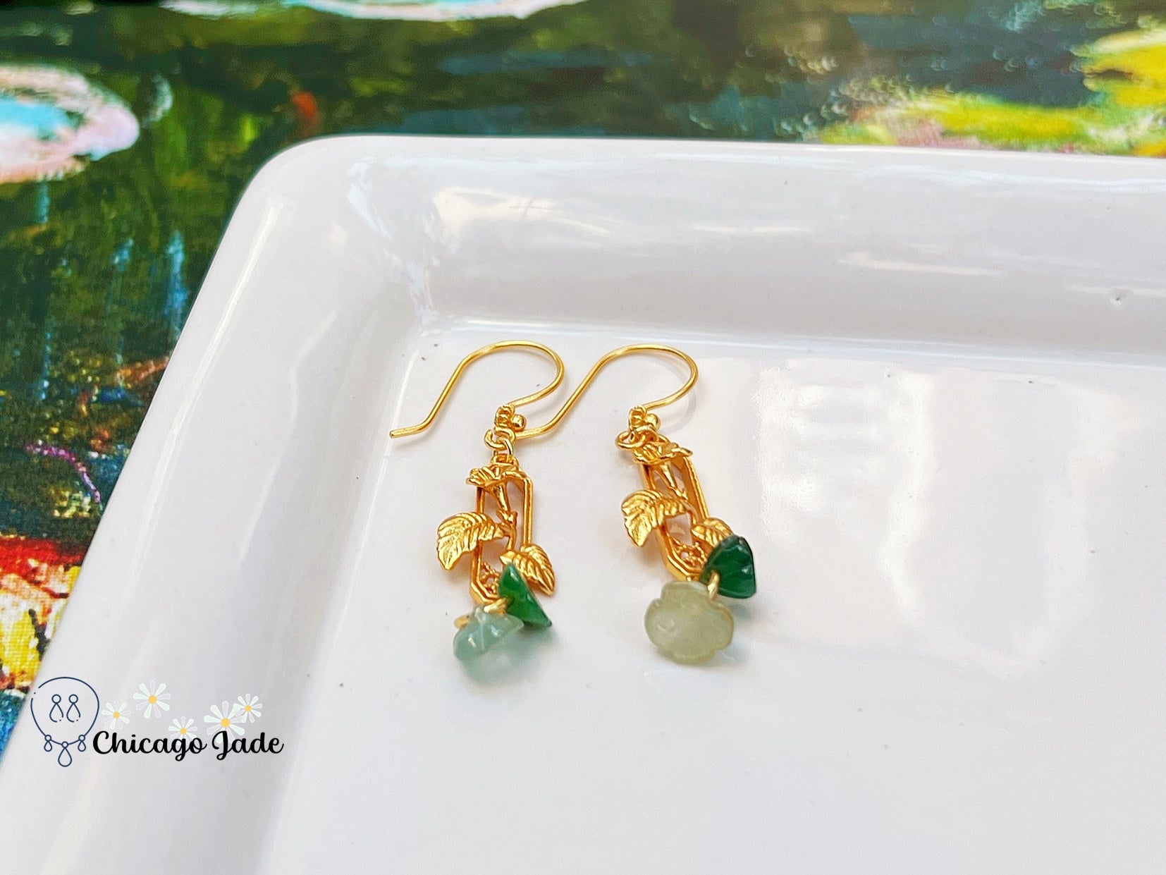 JE0015 Lotus Jadeite and Sterling Silver S925 Grape Vine Earring Hooks 银镶缅料 - Chicago JadeearringlotussilverChicago Jade