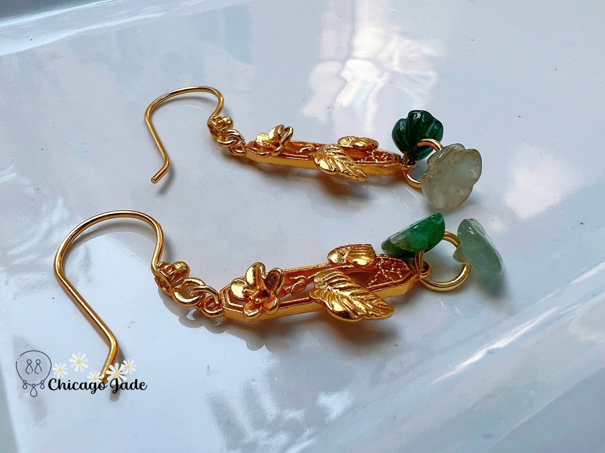 JE0015 Lotus Jadeite and Sterling Silver S925 Grape Vine Earring Hooks 银镶缅料 - Chicago JadeearringlotussilverChicago Jade