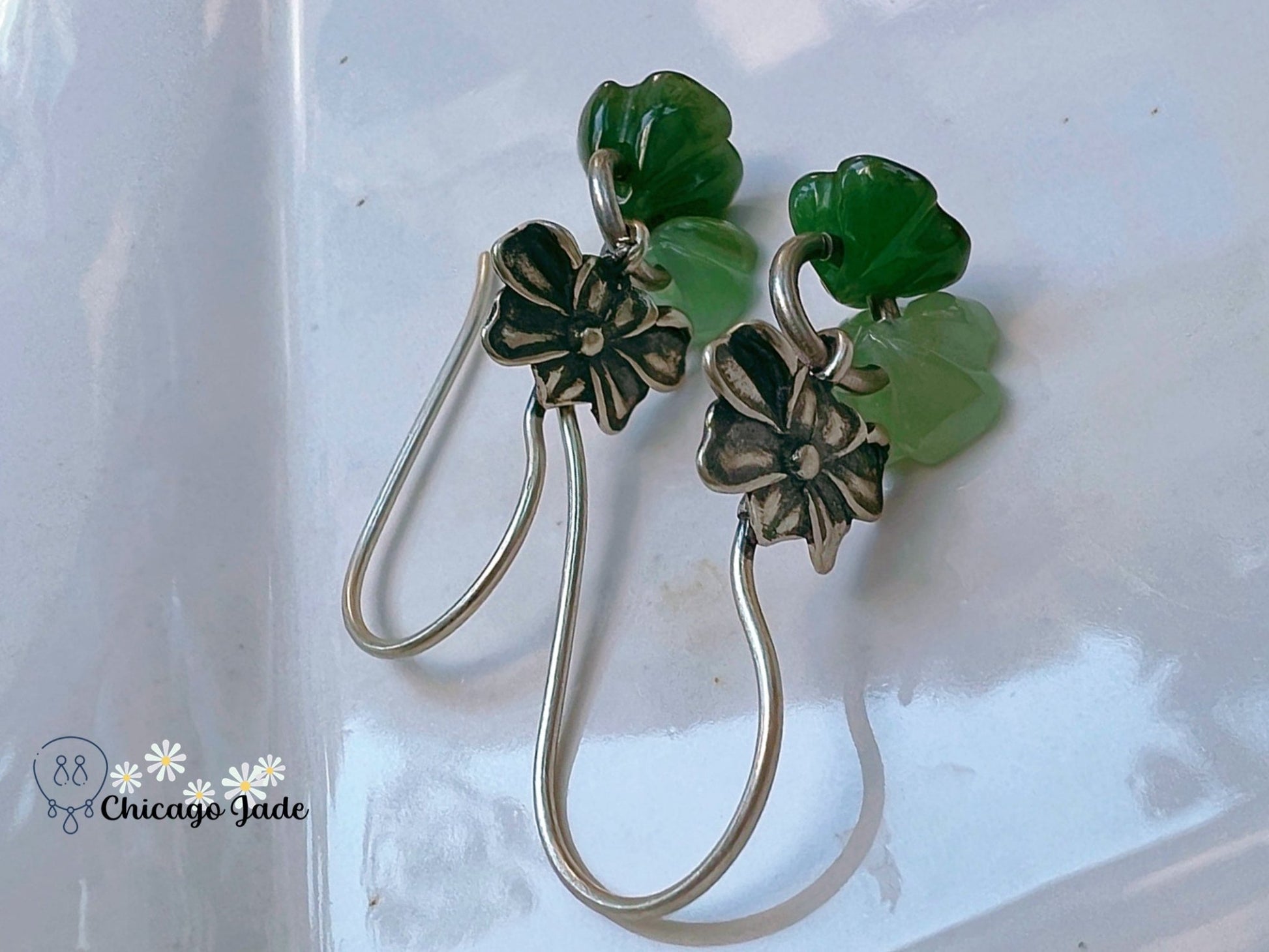 JE0017 Lotus Jadeite and Sterling Silver S925 Orchid Flower Earring Hooks Silver 银镶缅料 - Chicago JadelotusChicago Jade