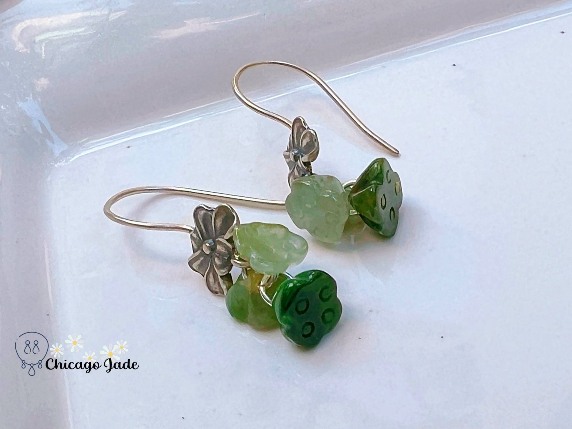 JE0017 Lotus Jadeite and Sterling Silver S925 Orchid Flower Earring Hooks Silver 银镶缅料 - Chicago JadelotusChicago Jade