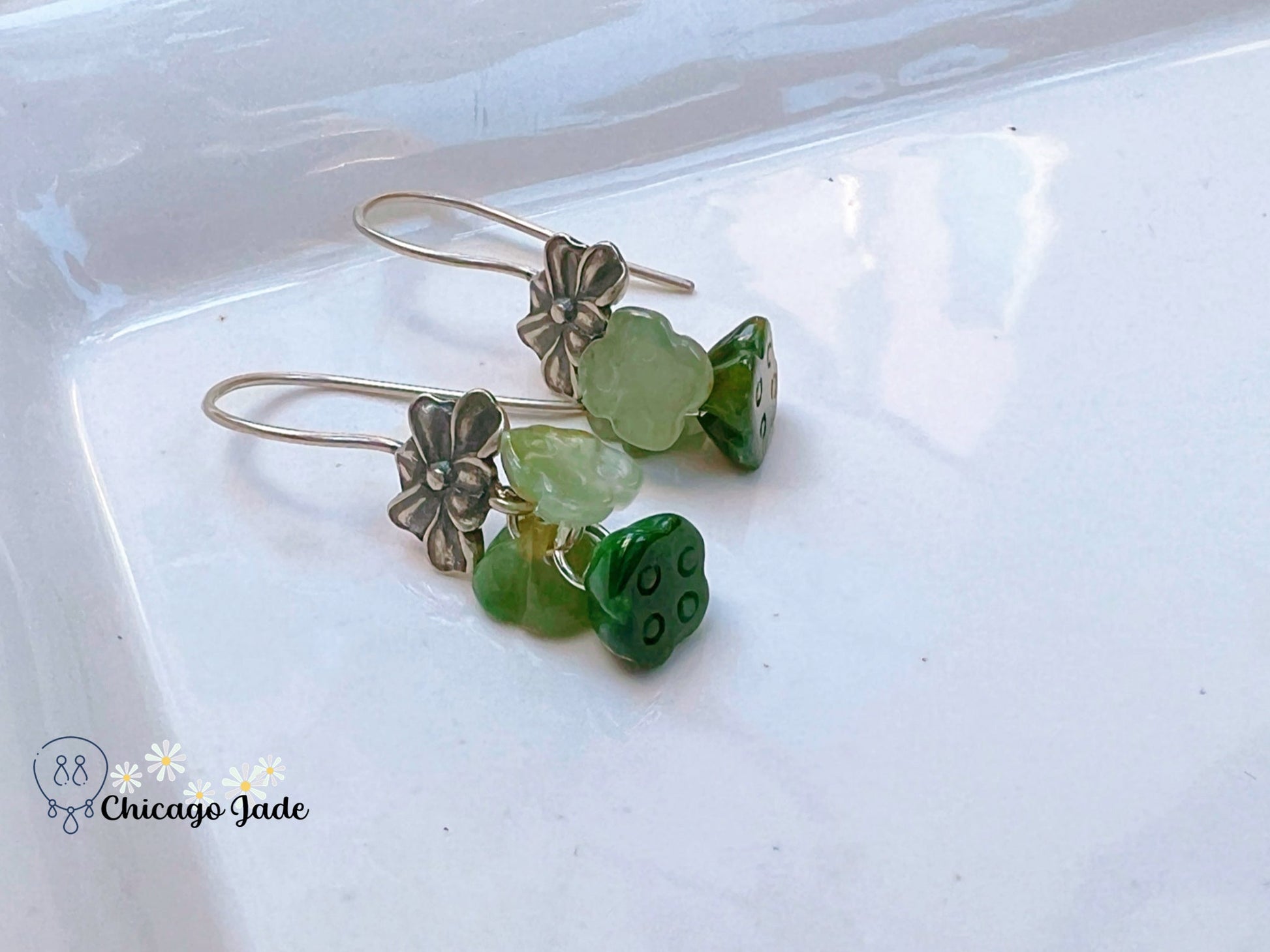 JE0017 Lotus Jadeite and Sterling Silver S925 Orchid Flower Earring Hooks Silver 银镶缅料 - Chicago JadelotusChicago Jade