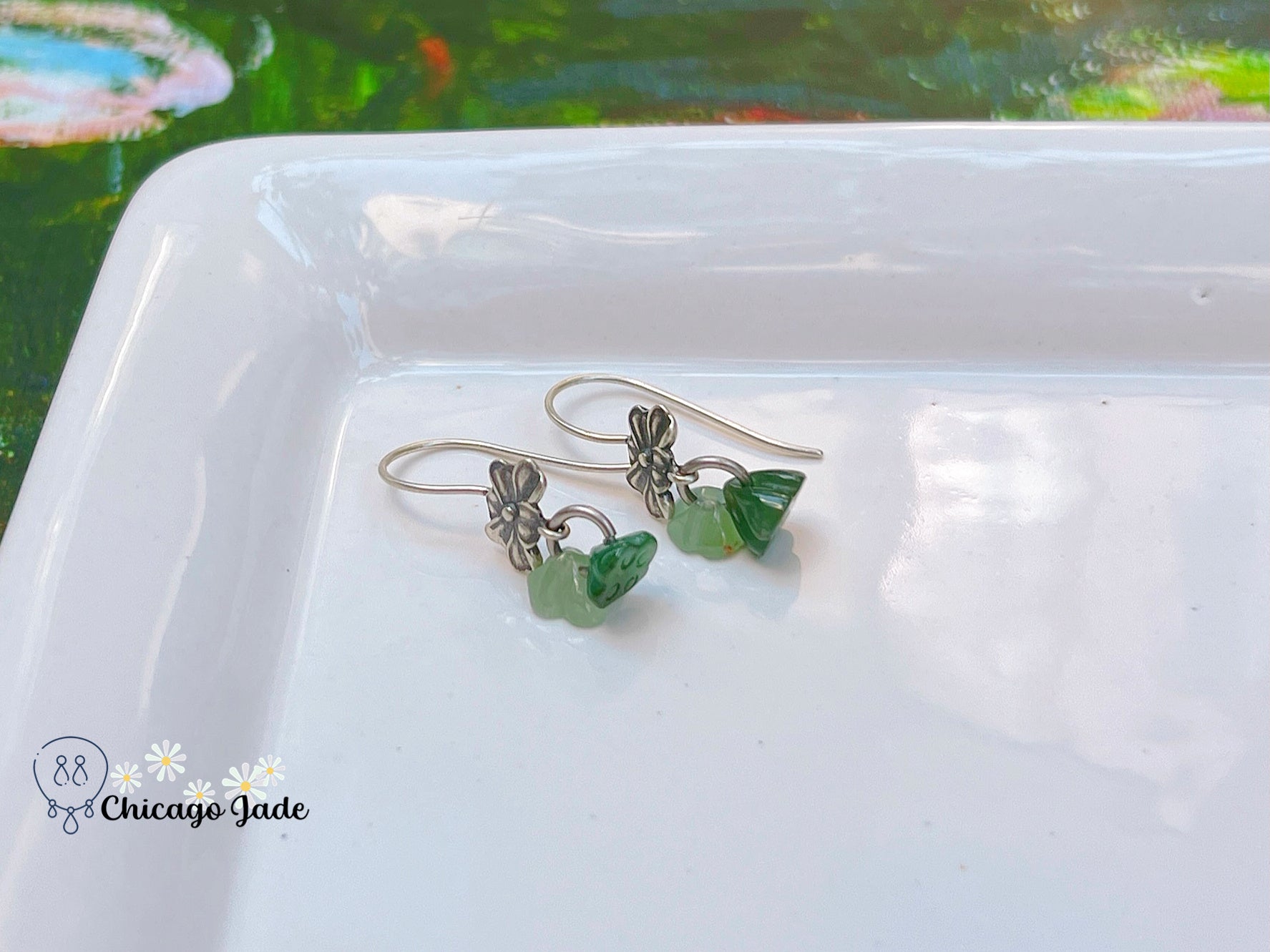 JE0017 Lotus Jadeite and Sterling Silver S925 Orchid Flower Earring Hooks Silver 银镶缅料 - Chicago JadelotusChicago Jade