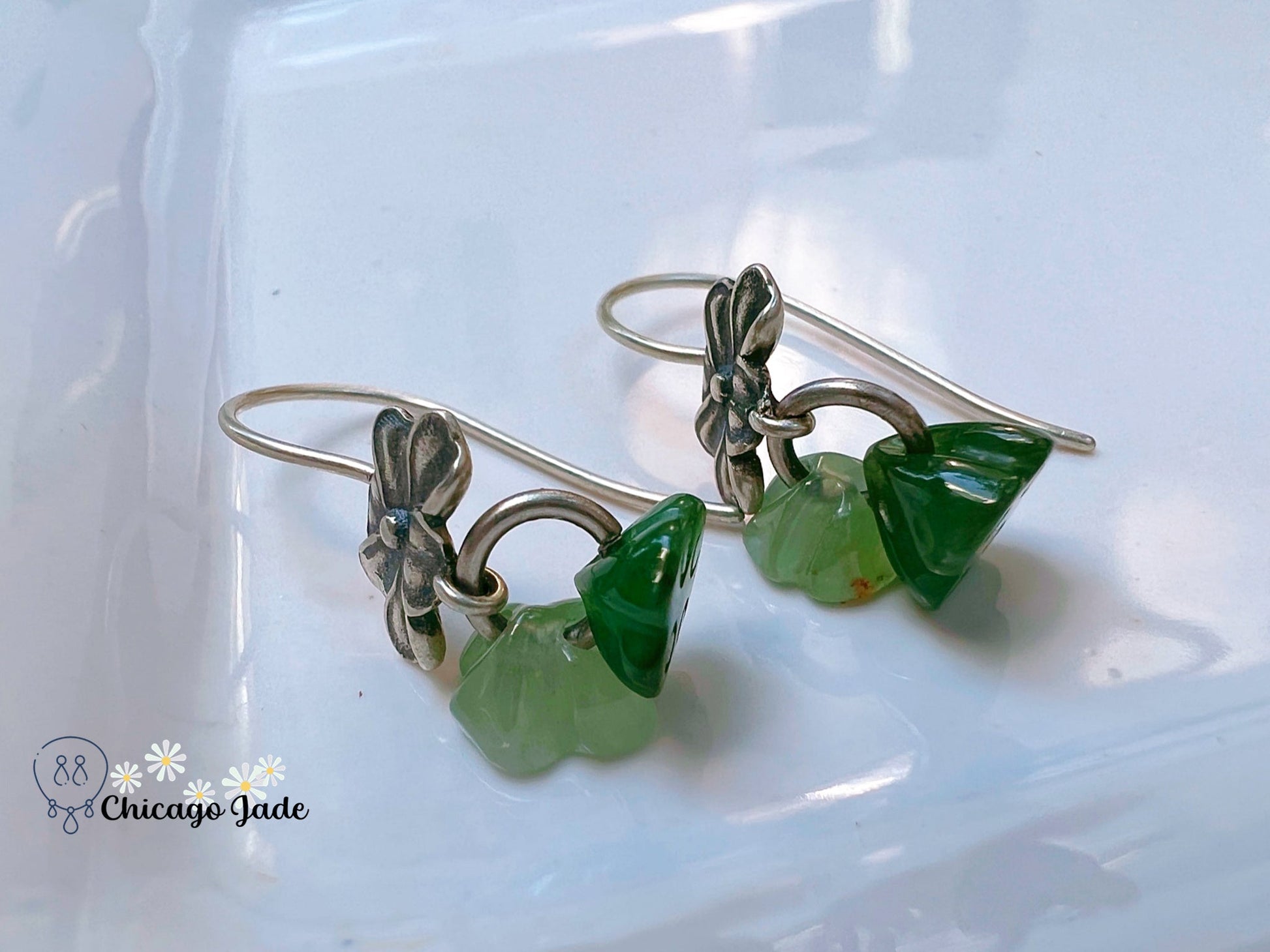 JE0017 Lotus Jadeite and Sterling Silver S925 Orchid Flower Earring Hooks Silver 银镶缅料 - Chicago JadelotusChicago Jade