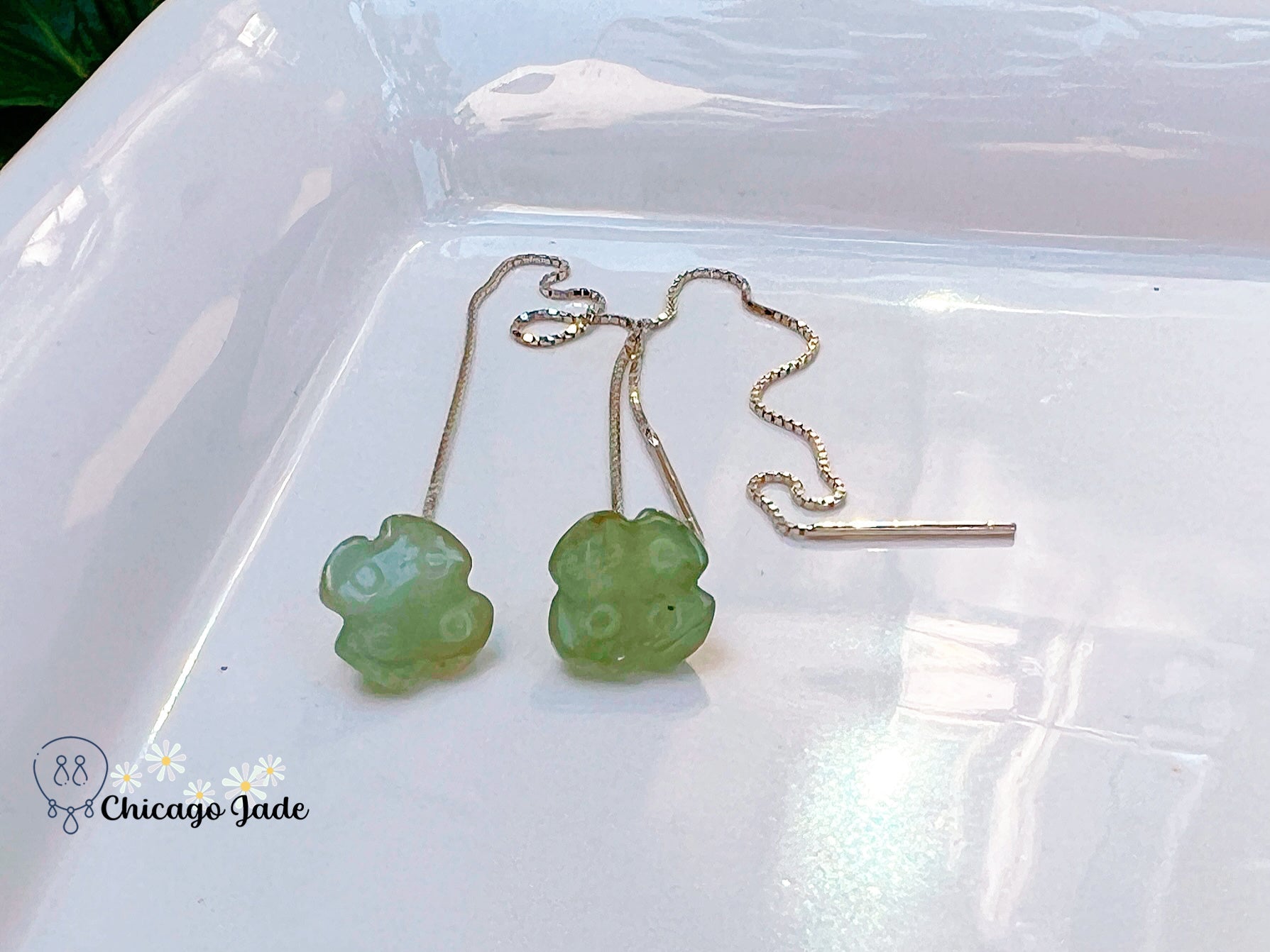 JE0018 Lotus Jadeite and Sterling Silver S925 Threader Chain Earring 银镶缅料 - Chicago JadelotusChicago Jade