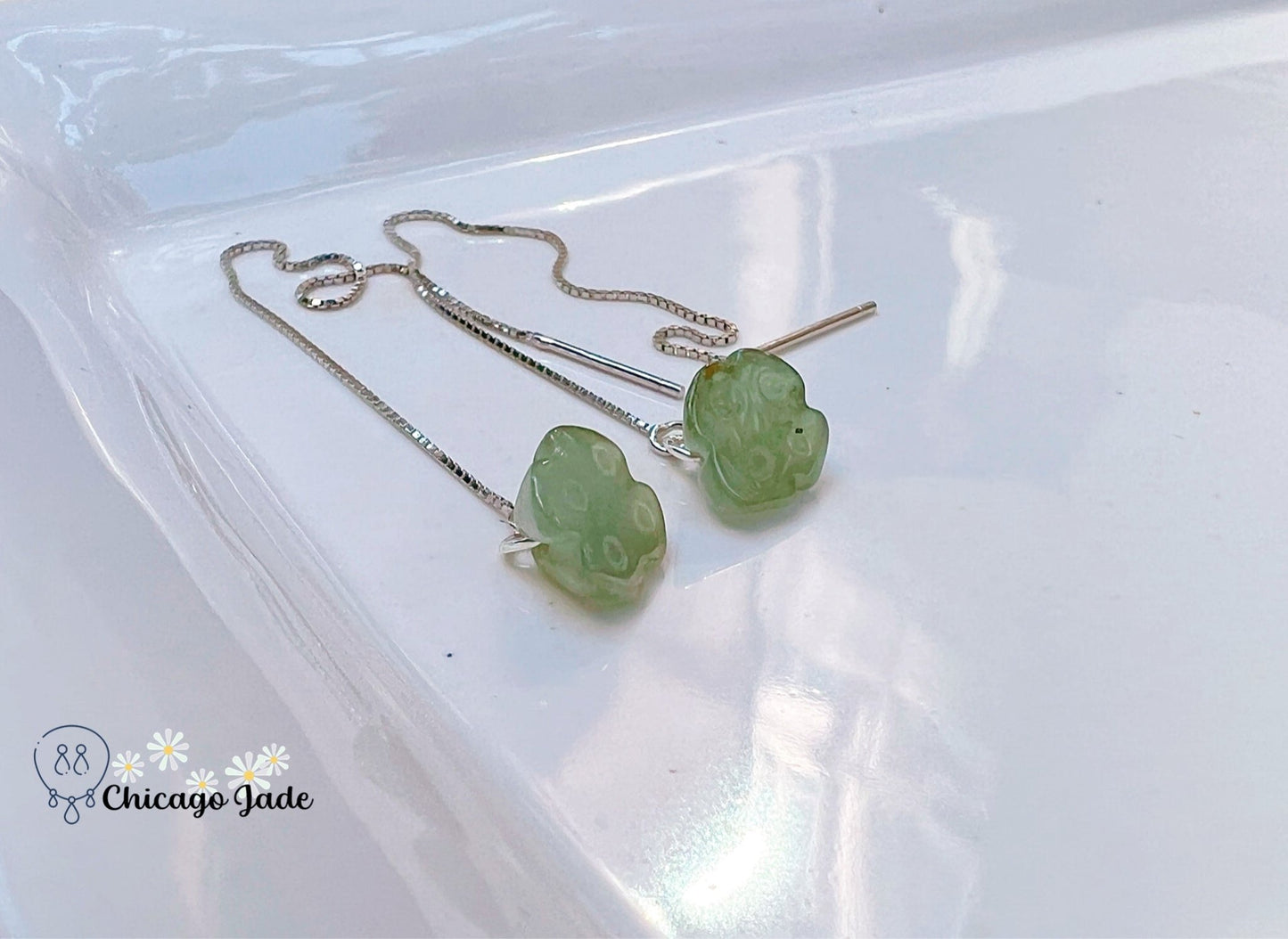 JE0018 Lotus Jadeite and Sterling Silver S925 Threader Chain Earring 银镶缅料 - Chicago JadelotusChicago Jade