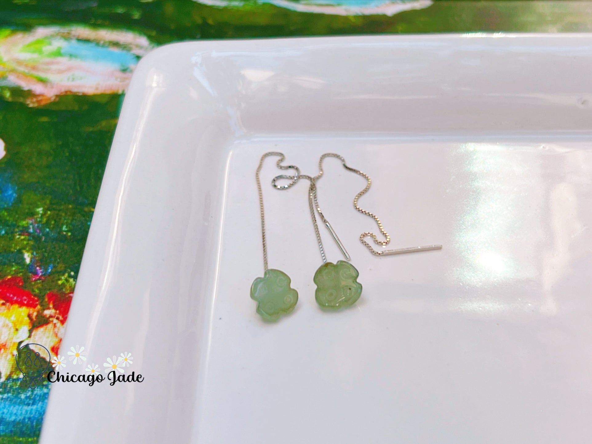 JE0018 Lotus Jadeite and Sterling Silver S925 Threader Chain Earring 银镶缅料 - Chicago JadelotusChicago Jade