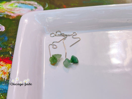 JE0019 Lotus Jadeite and Sterling Silver S925 Threader Chain Earring 银镶缅料 - Chicago JadeearringlotussilverChicago Jade