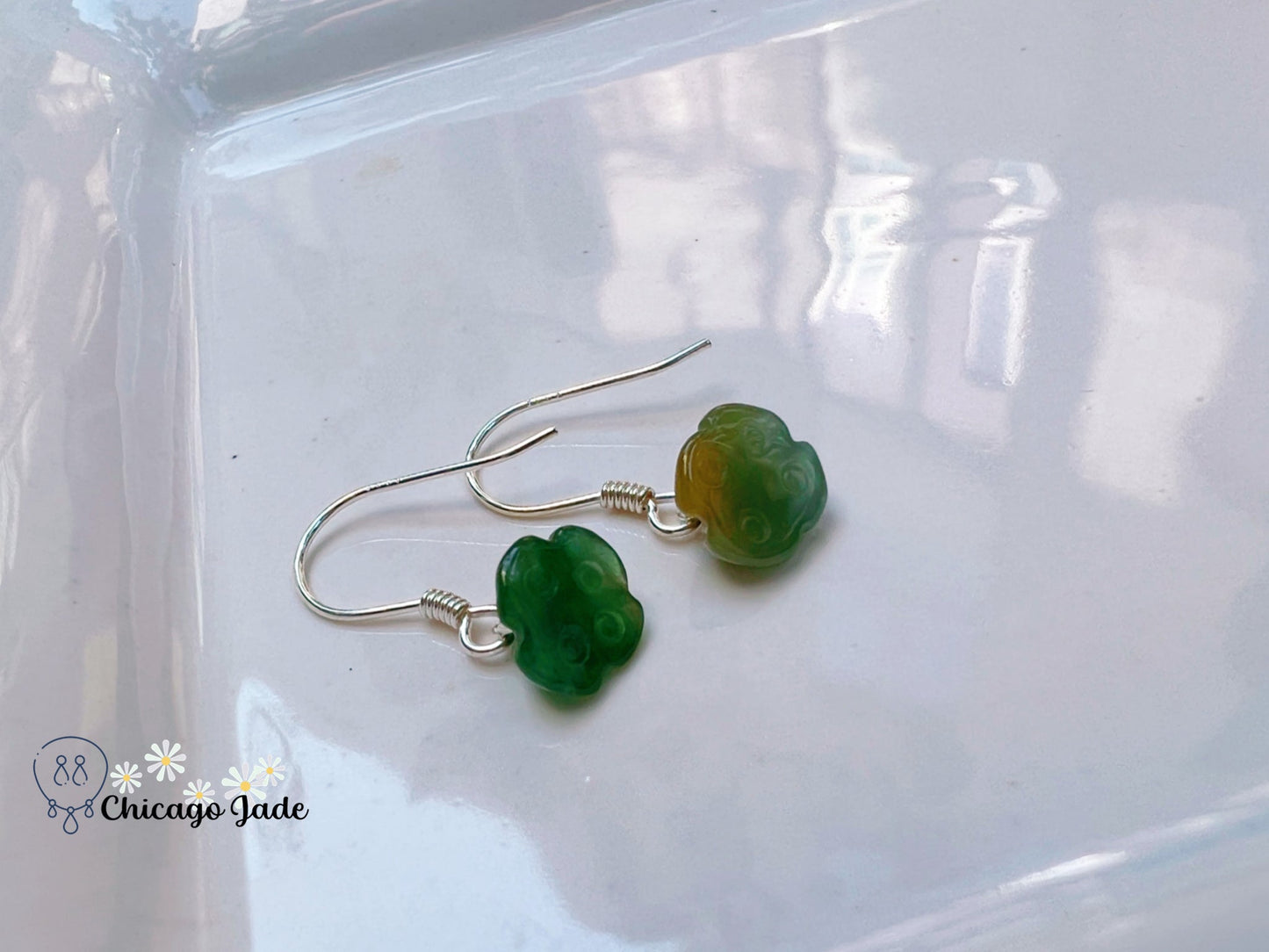 JE0020 Lotus Jadeite Sterling Silver S925 Earring Hook 银镶缅料 - Chicago JadeearringlotussilverChicago Jade