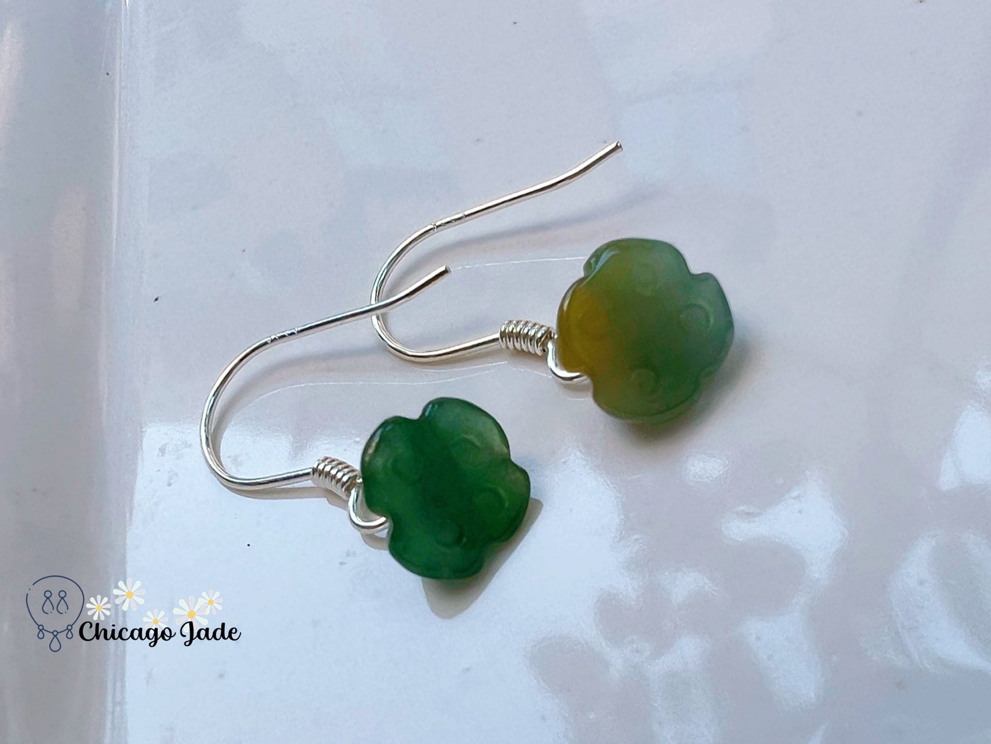 JE0020 Lotus Jadeite Sterling Silver S925 Earring Hook 银镶缅料 - Chicago JadeearringlotussilverChicago Jade