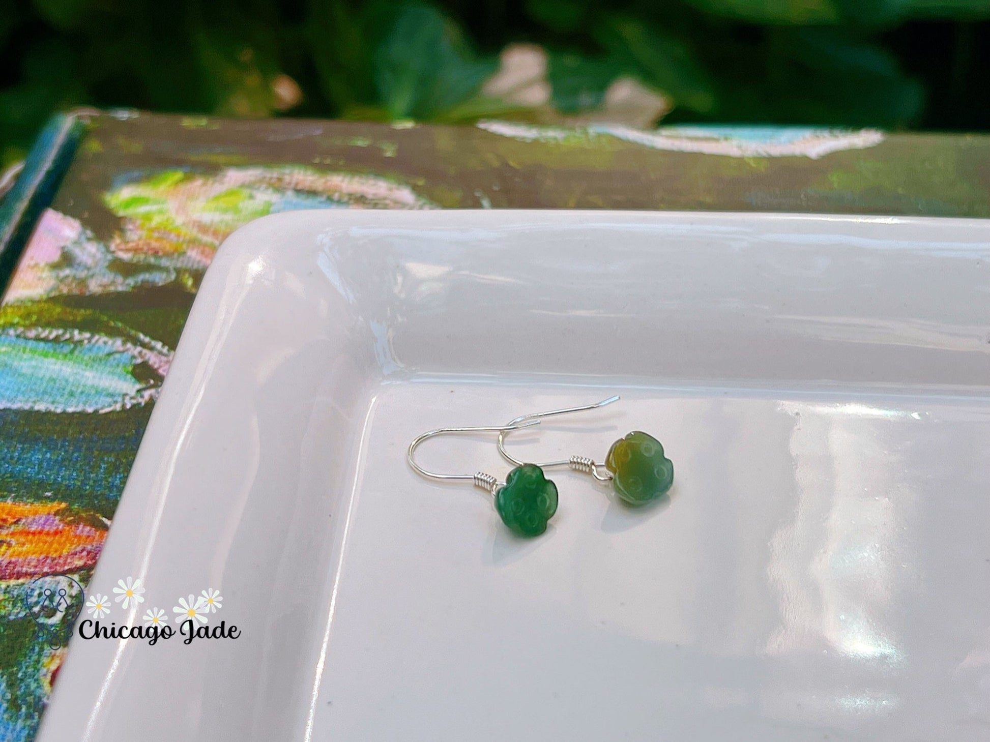 JE0020 Lotus Jadeite Sterling Silver S925 Earring Hook 银镶缅料 - Chicago JadeearringlotussilverChicago Jade