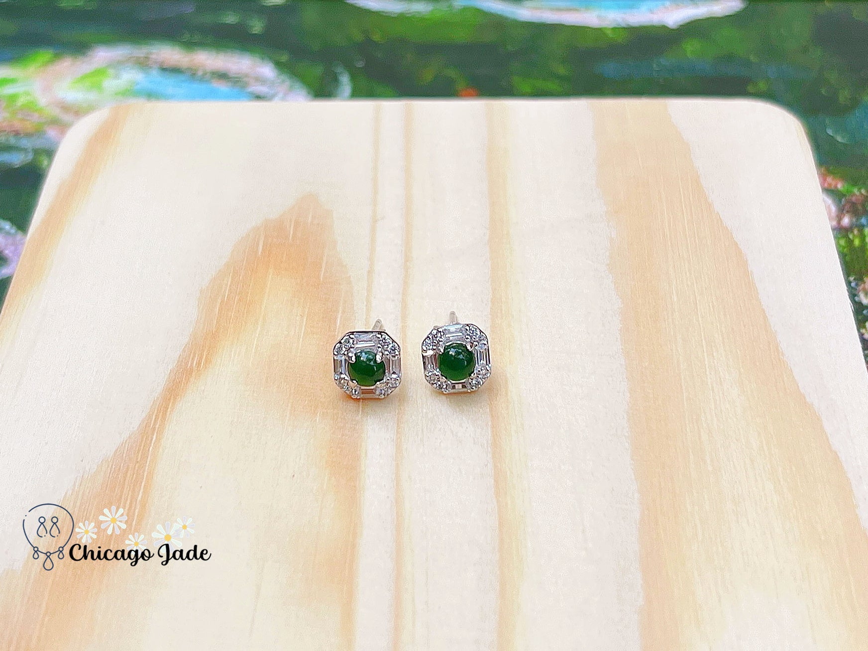 JE0022 Square Jadeite Sterling Silver S925 Stud Earring with Baguette Zircon Halo 银镶危料 - Chicago JadeearringsilverChicago Jade