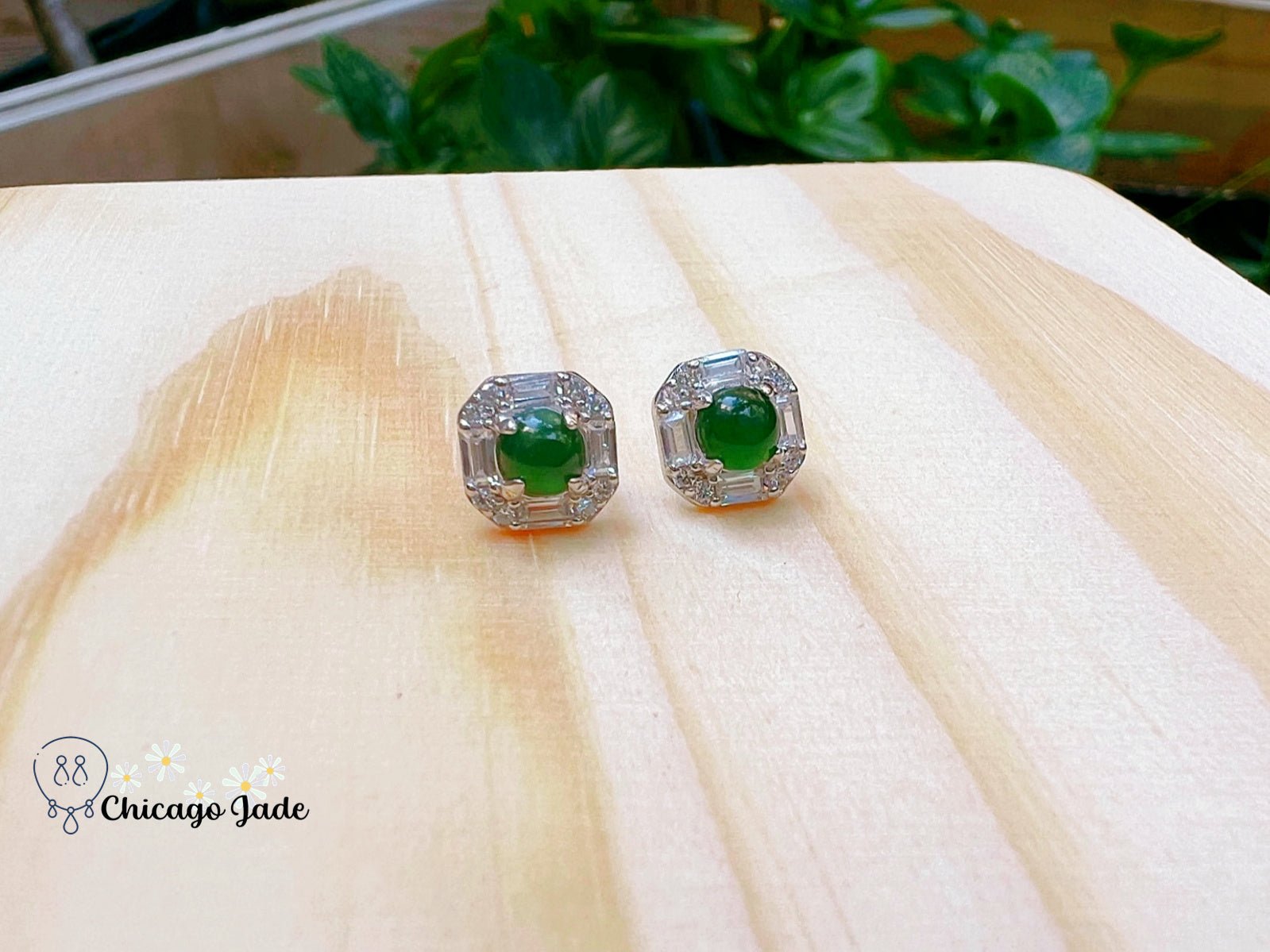 JE0022 Square Jadeite Sterling Silver S925 Stud Earring with Baguette Zircon Halo 银镶危料 - Chicago JadeearringsilverChicago Jade