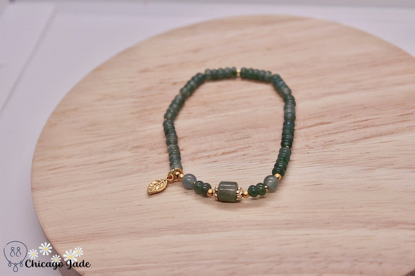 Lake Blue Jadeite beaded bracelet with gold plated leaf dangle - Chicago Jadeanniversarybeadedbirthday giftChicago Jade