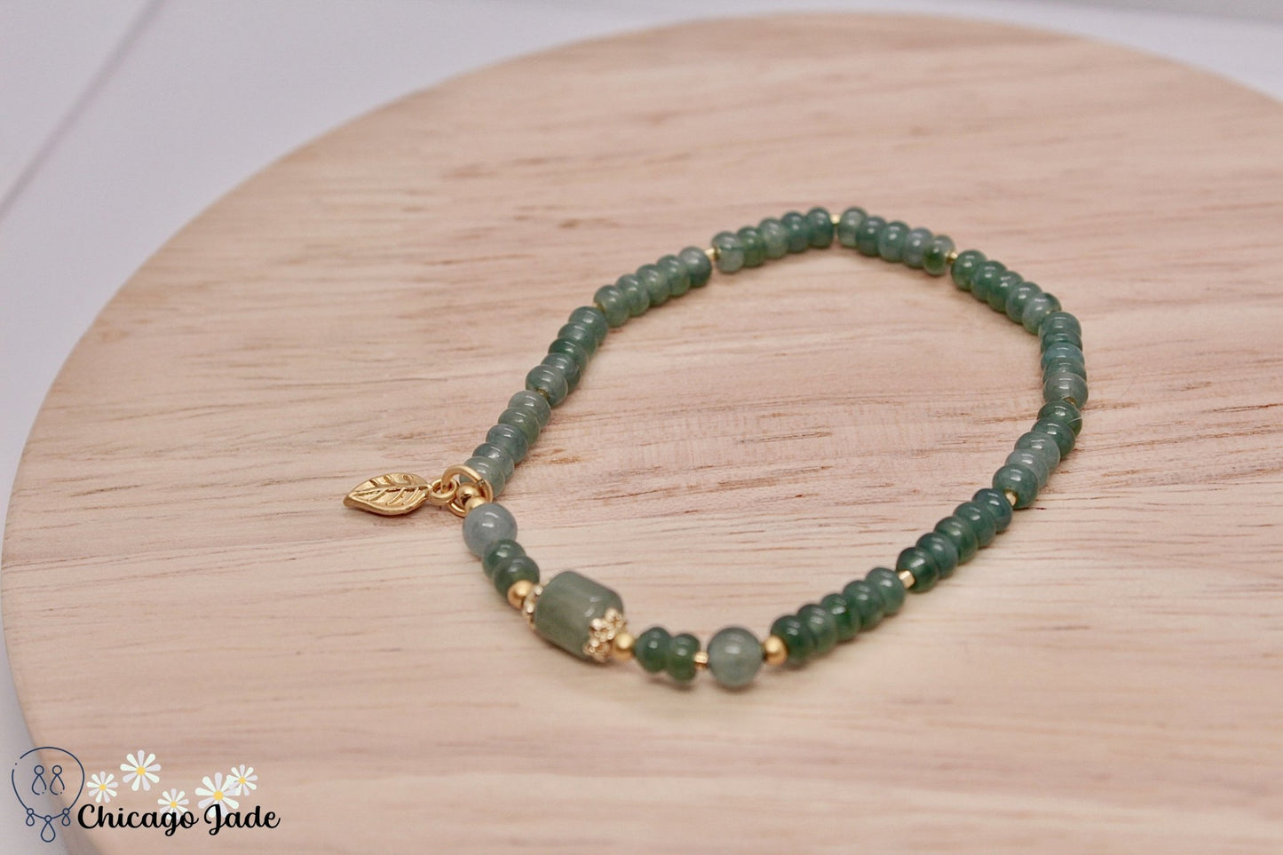 Lake Blue Jadeite beaded bracelet with gold plated leaf dangle - Chicago Jadeanniversarybeadedbirthday giftChicago Jade