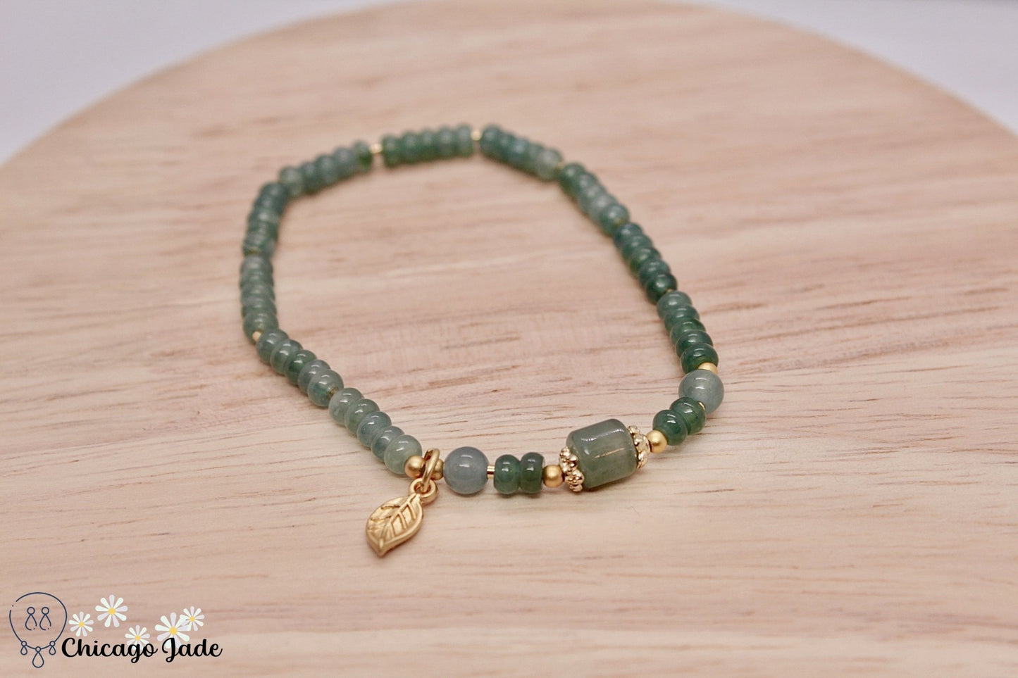 Lake Blue Jadeite beaded bracelet with gold plated leaf dangle - Chicago Jadeanniversarybeadedbirthday giftChicago Jade