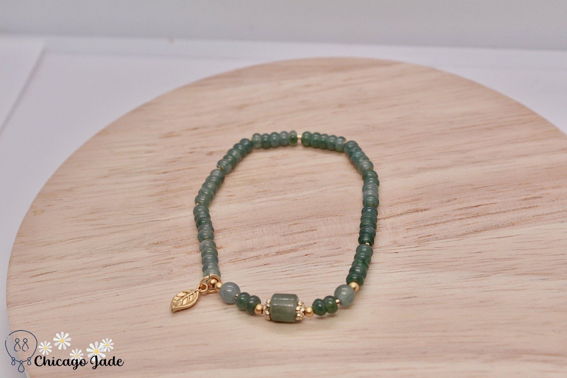 Lake Blue Jadeite beaded bracelet with gold plated leaf dangle - Chicago Jadeanniversarybeadedbirthday giftChicago Jade