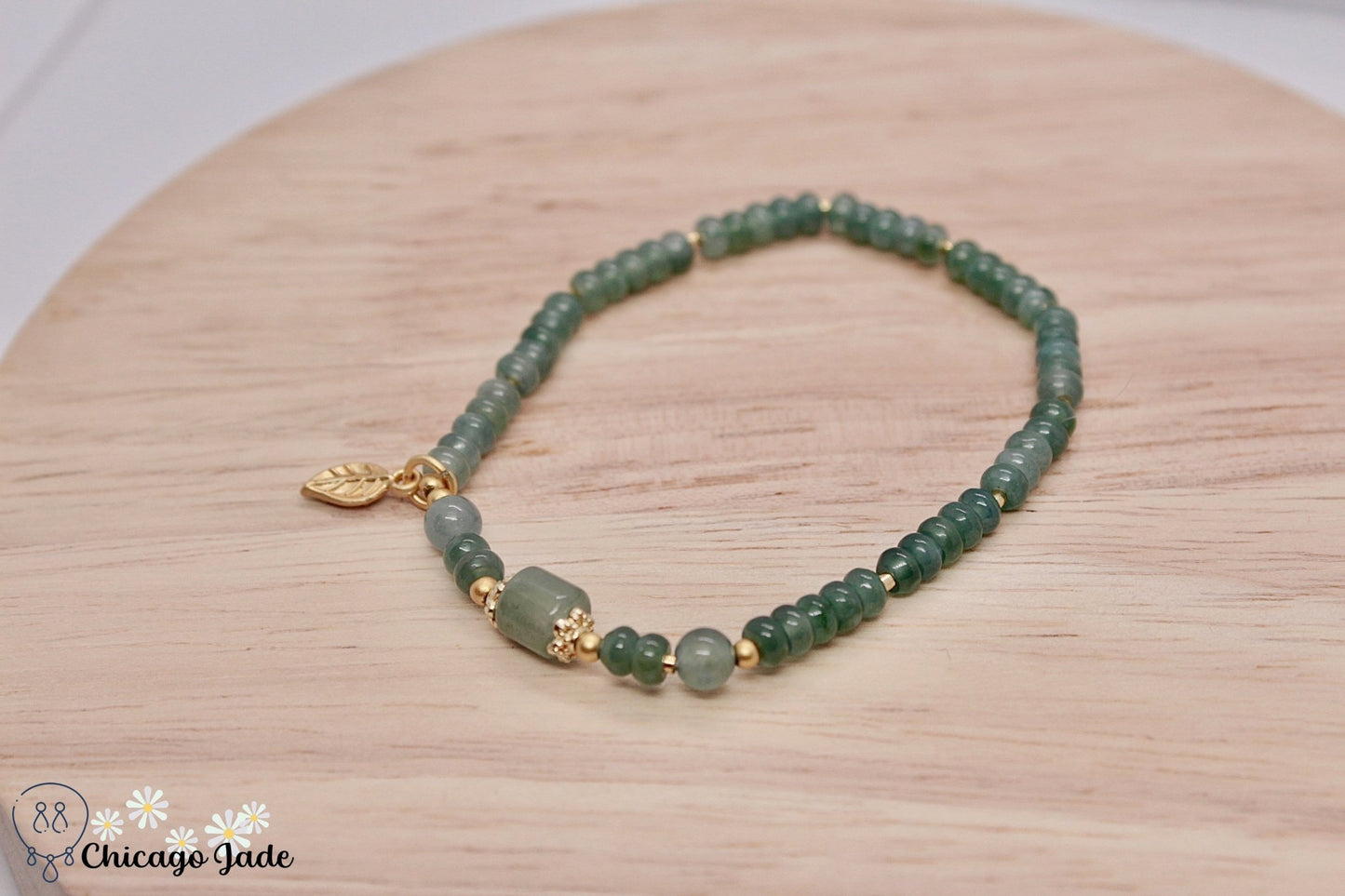 Lake Blue Jadeite beaded bracelet with gold plated leaf dangle - Chicago Jadeanniversarybeadedbirthday giftChicago Jade