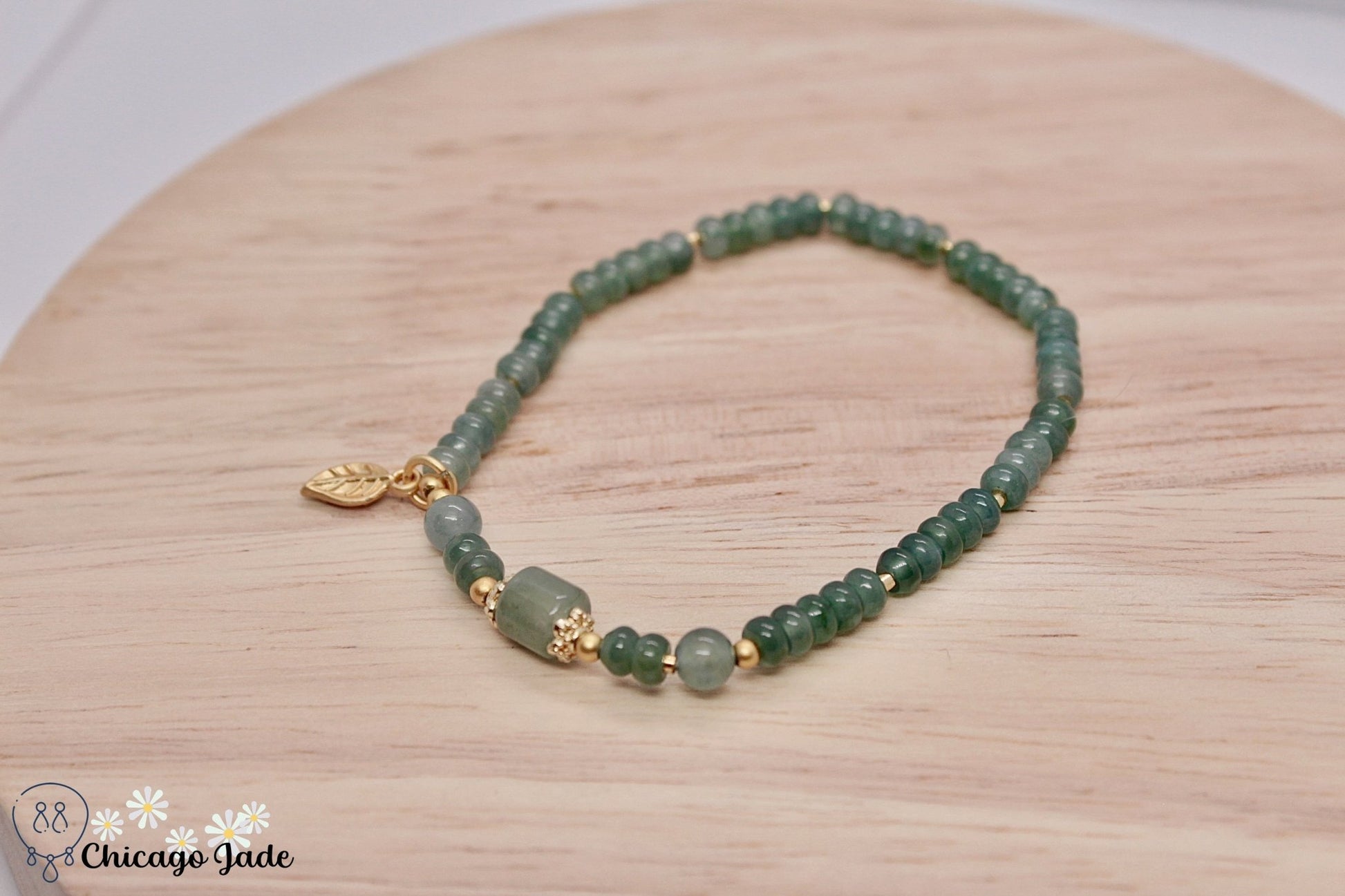 Lake Blue Jadeite beaded bracelet with gold plated leaf dangle - Chicago Jadeanniversarybeadedbirthday giftChicago Jade