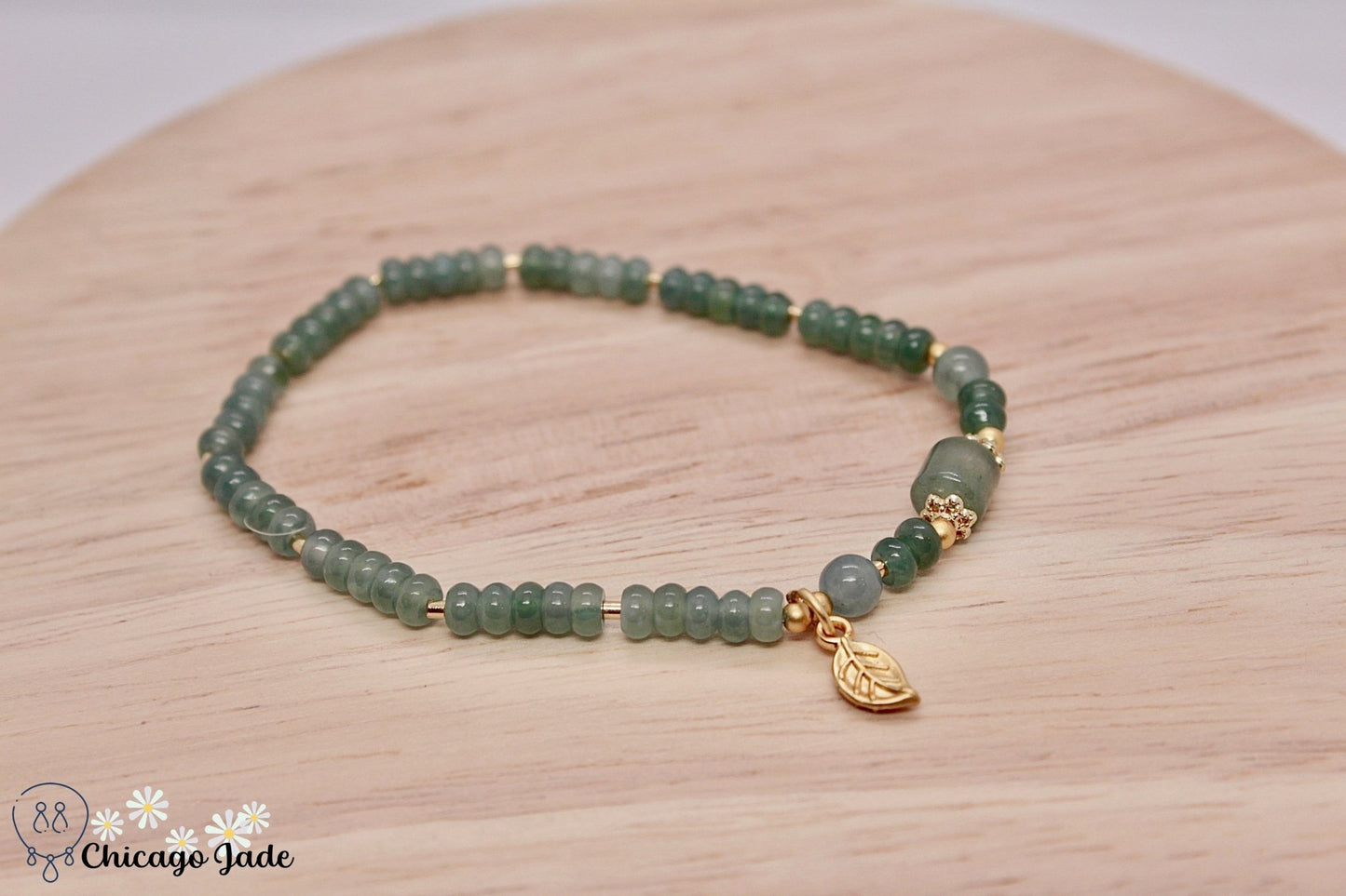 Lake Blue Jadeite beaded bracelet with gold plated leaf dangle - Chicago Jadeanniversarybeadedbirthday giftChicago Jade