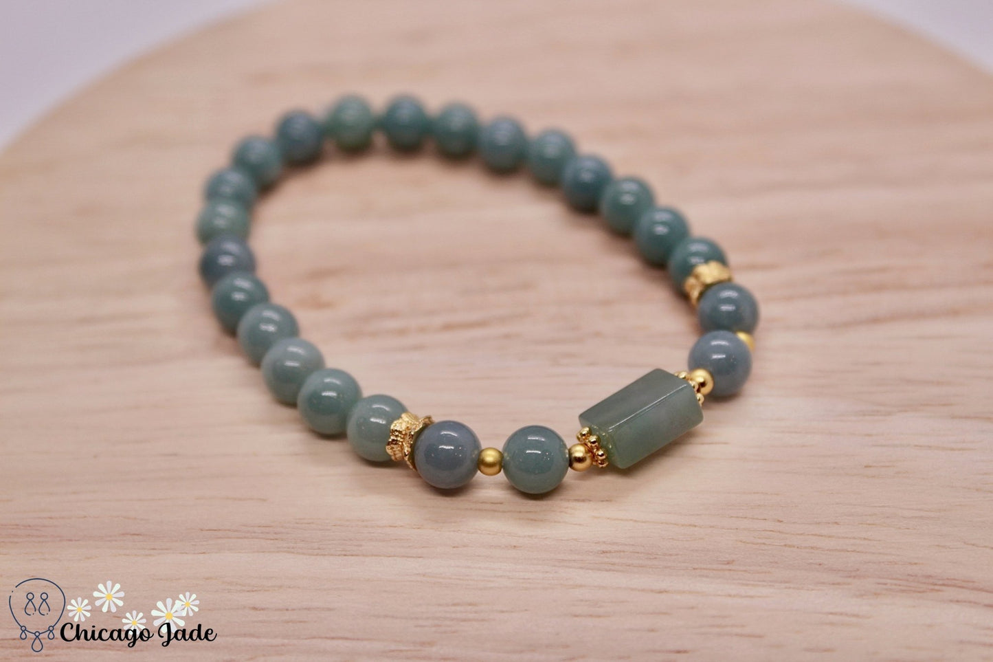 Lake blue Jadeite beaded bracelet with gold plated silver spacer - Chicago Jadeanniversarybeadedbirthday giftChicago Jade