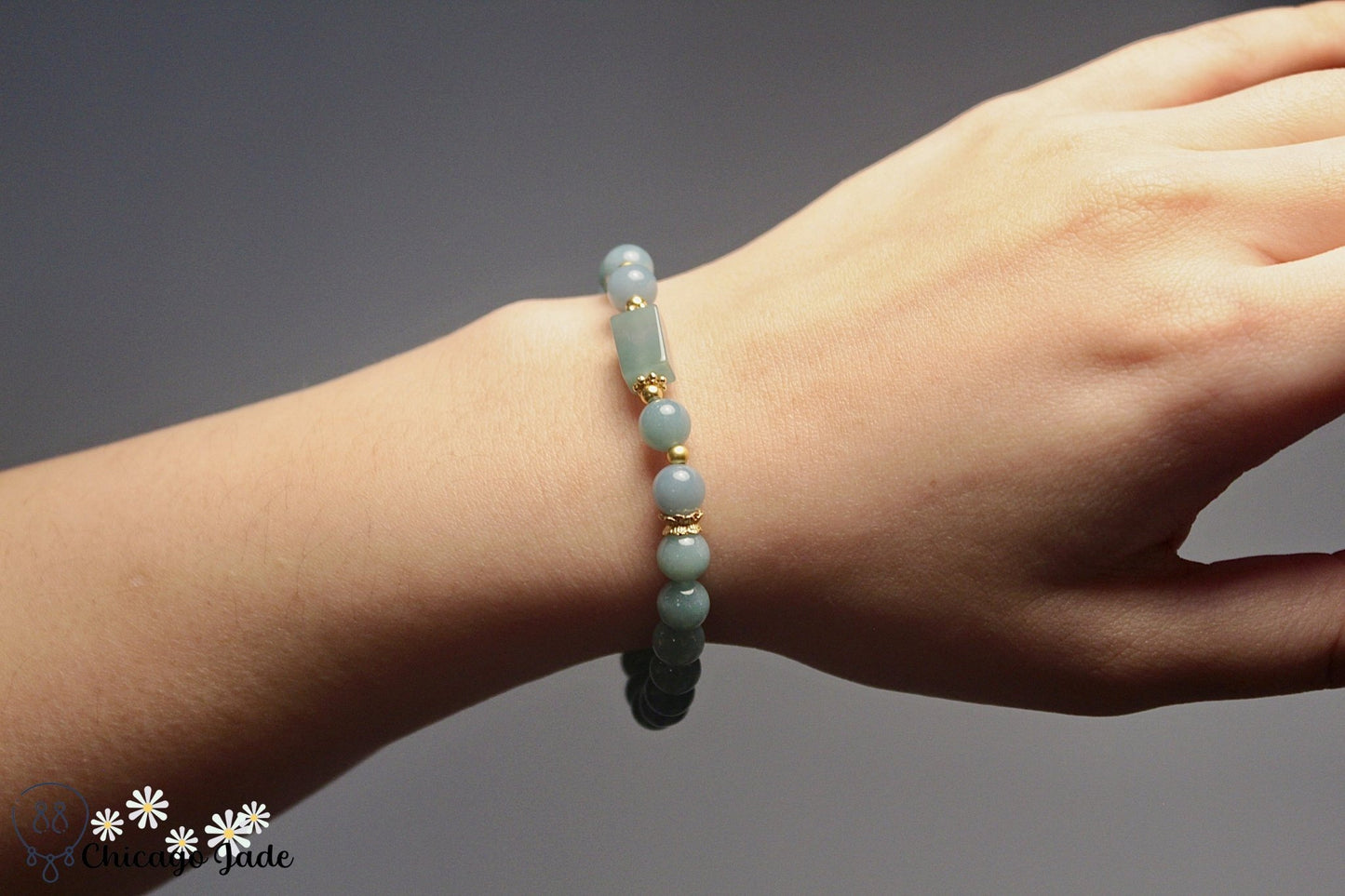 Lake blue Jadeite beaded bracelet with gold plated silver spacer - Chicago Jadeanniversarybeadedbirthday giftChicago Jade