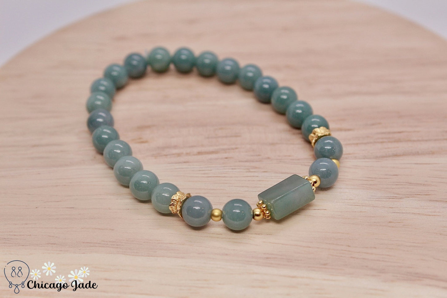 Lake blue Jadeite beaded bracelet with gold plated silver spacer - Chicago Jadeanniversarybeadedbirthday giftChicago Jade