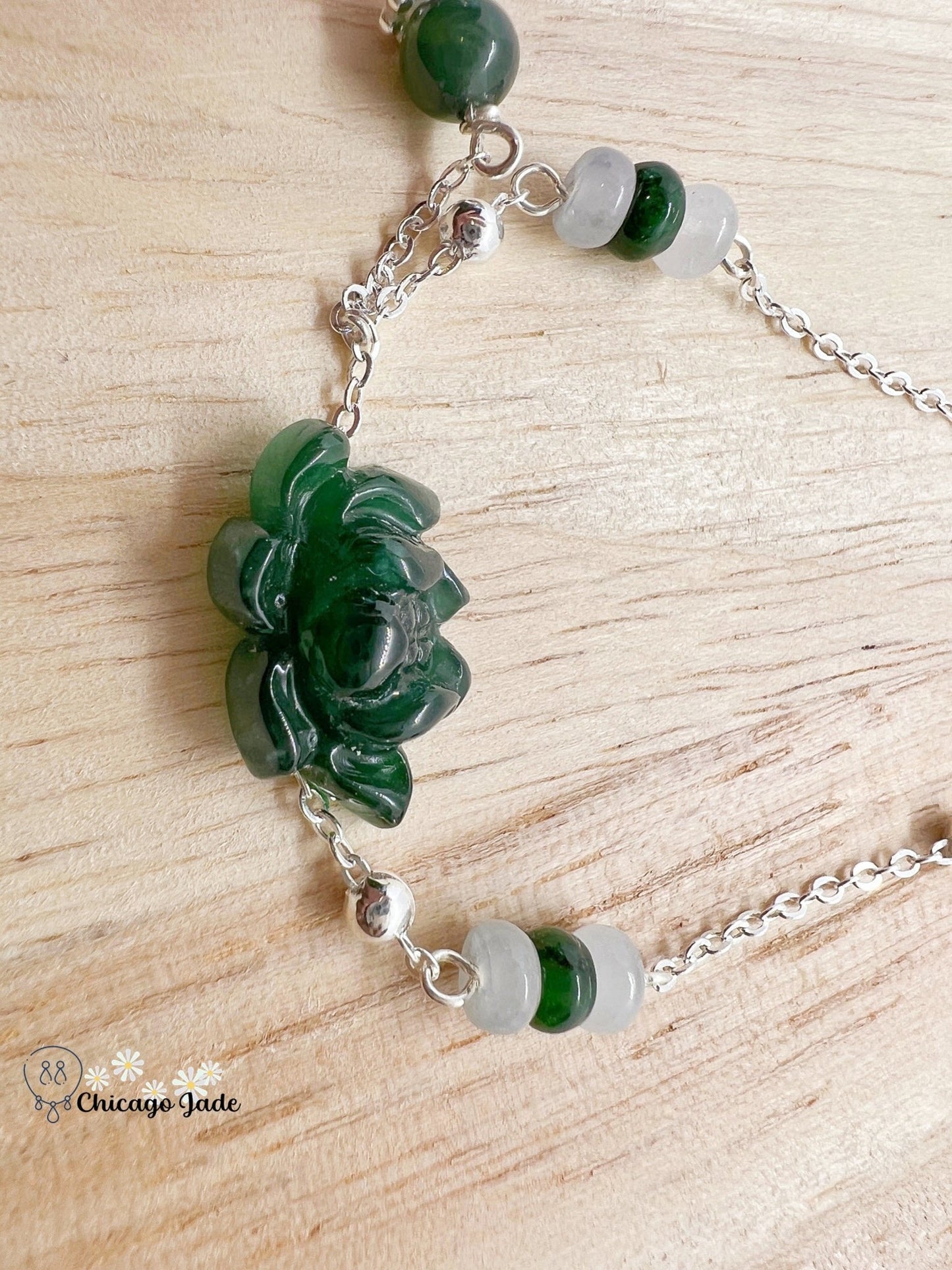 LB0014 Lotus Braided Bracelet Sterling Silver缅料手工雕刻翡翠莲花手绳 - Chicago JadebraceletlotussilverChicago Jade